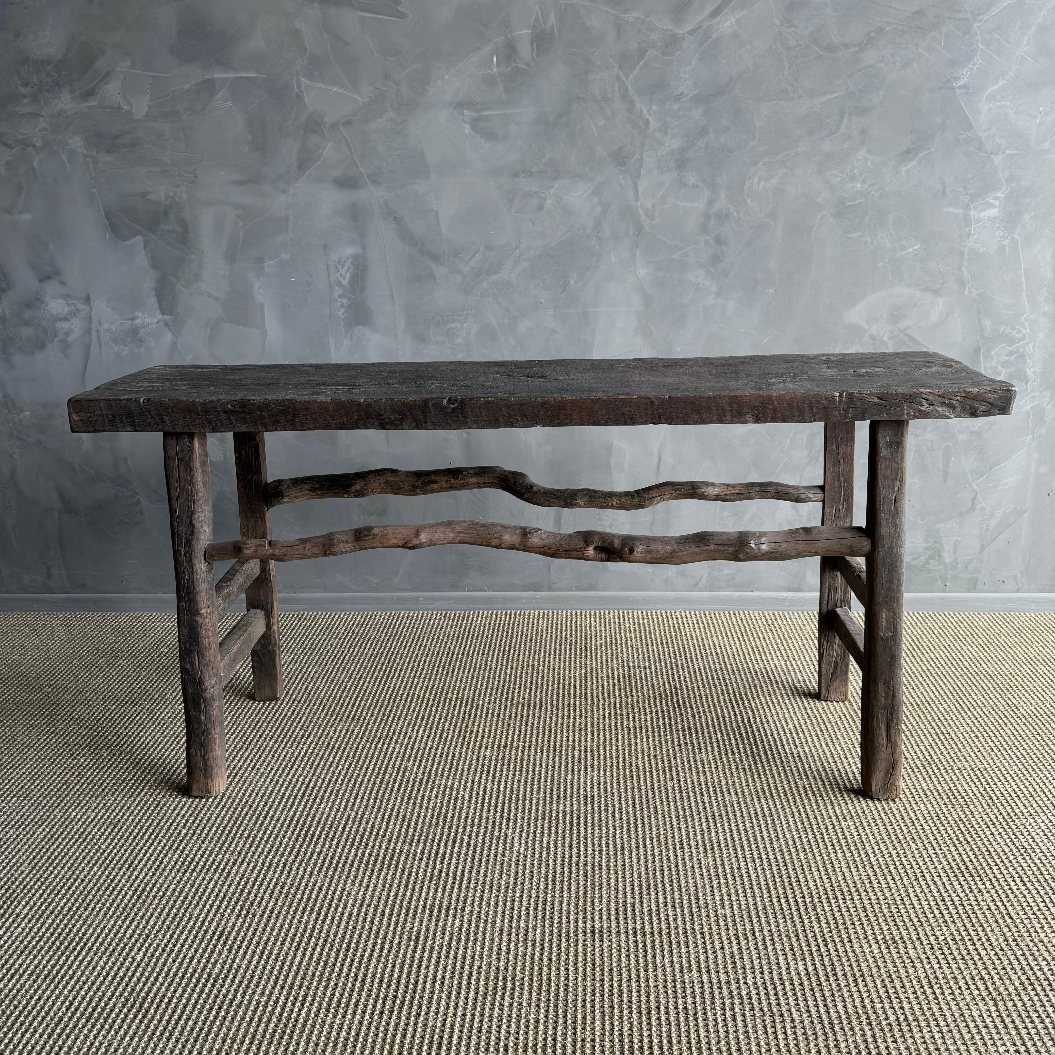 Vintage Elm Wood Console Dark Rustic Branch Stretchers 5