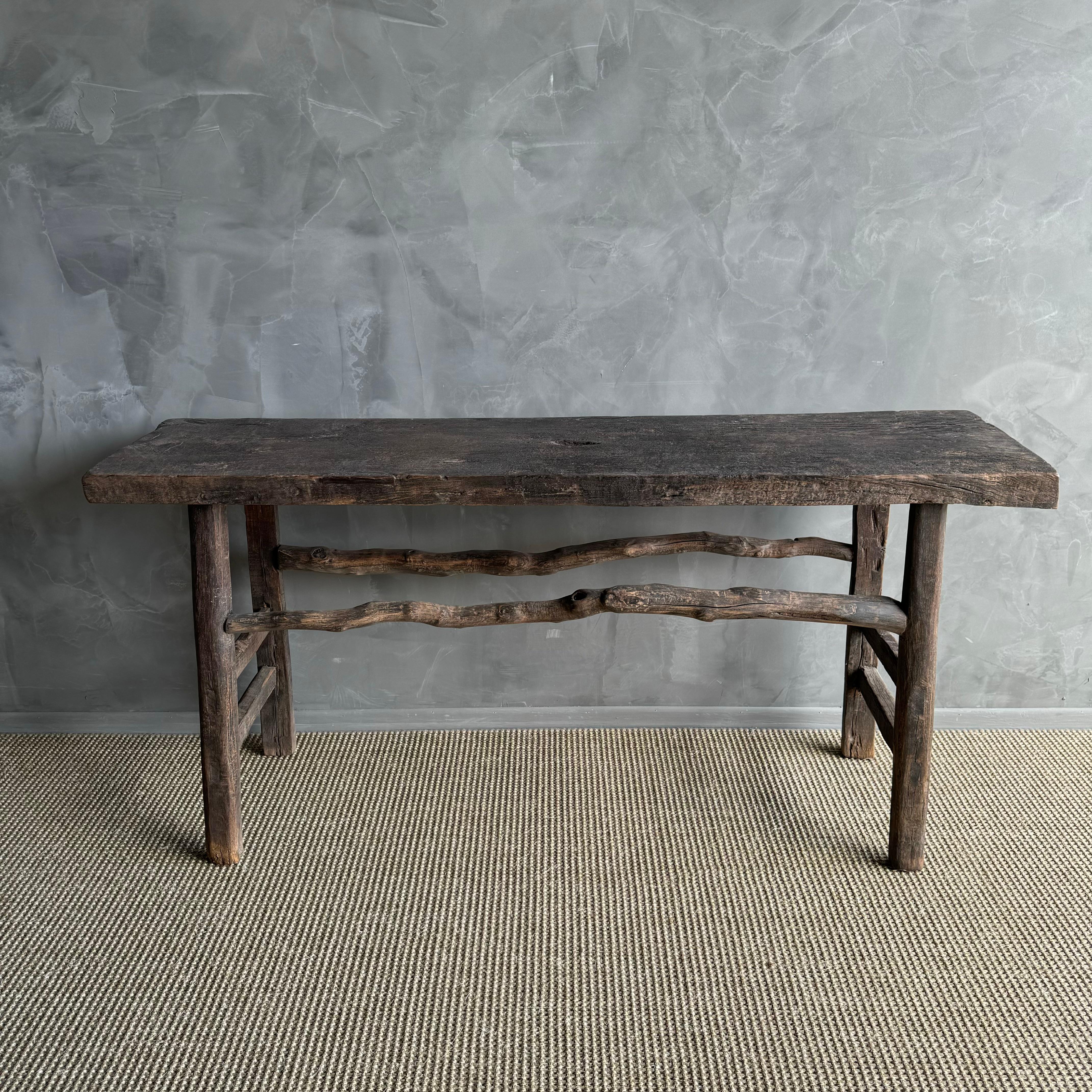 Vintage Elm Wood Console Dark Rustic Branch Stretchers In Good Condition In Old Town Orange, CA