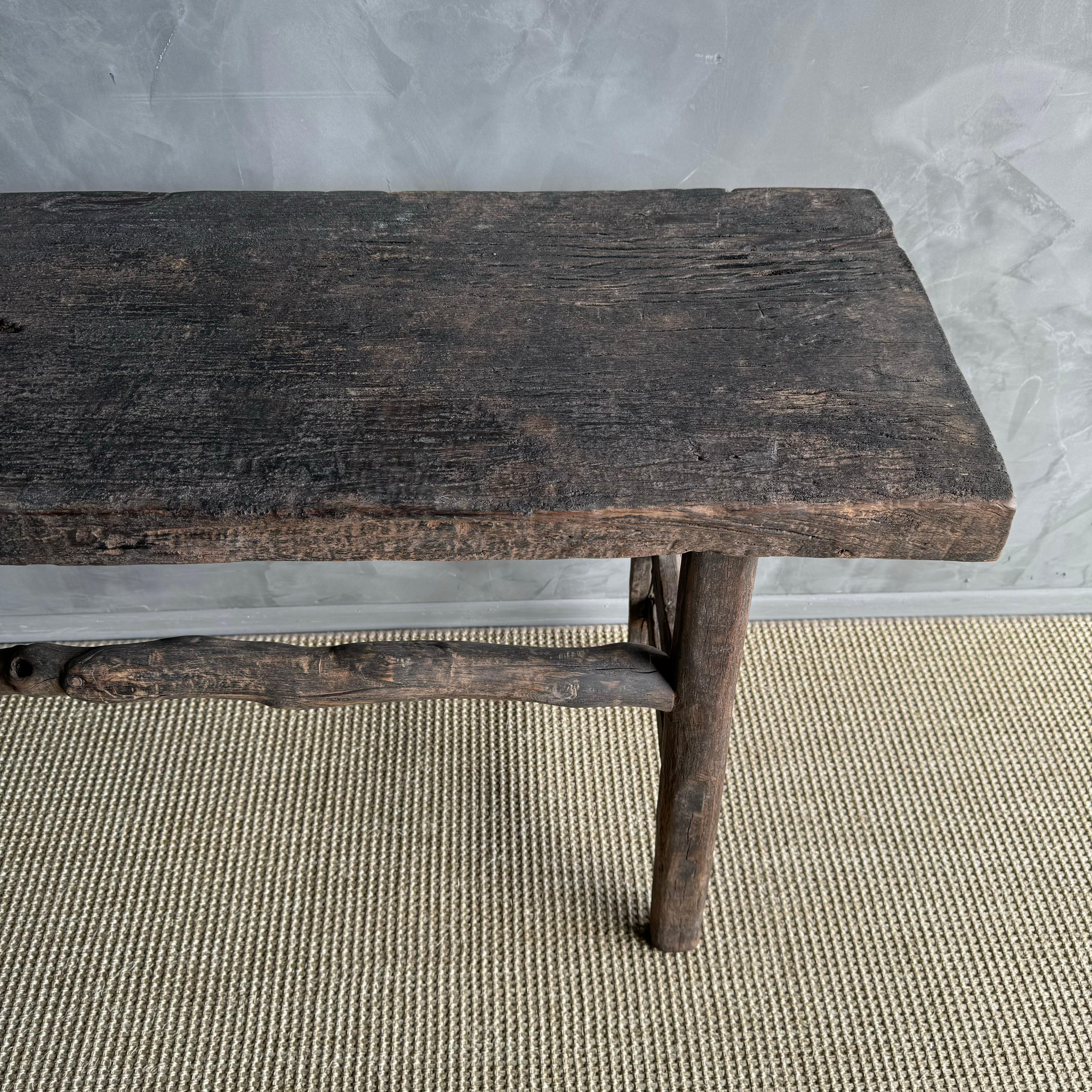 Vintage Elm Wood Console Dark Rustic Branch Stretchers 1