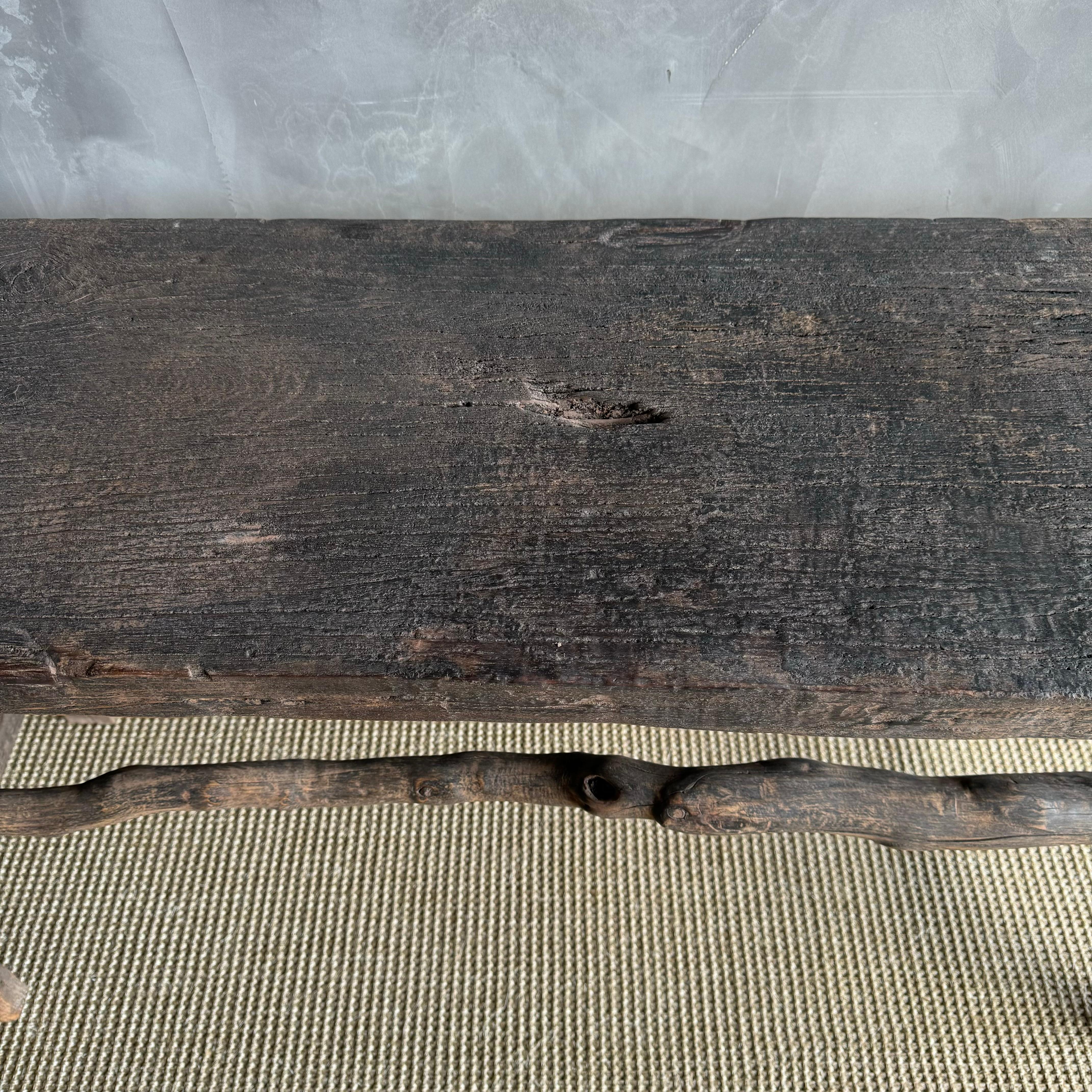 Vintage Elm Wood Console Dark Rustic Branch Stretchers 2