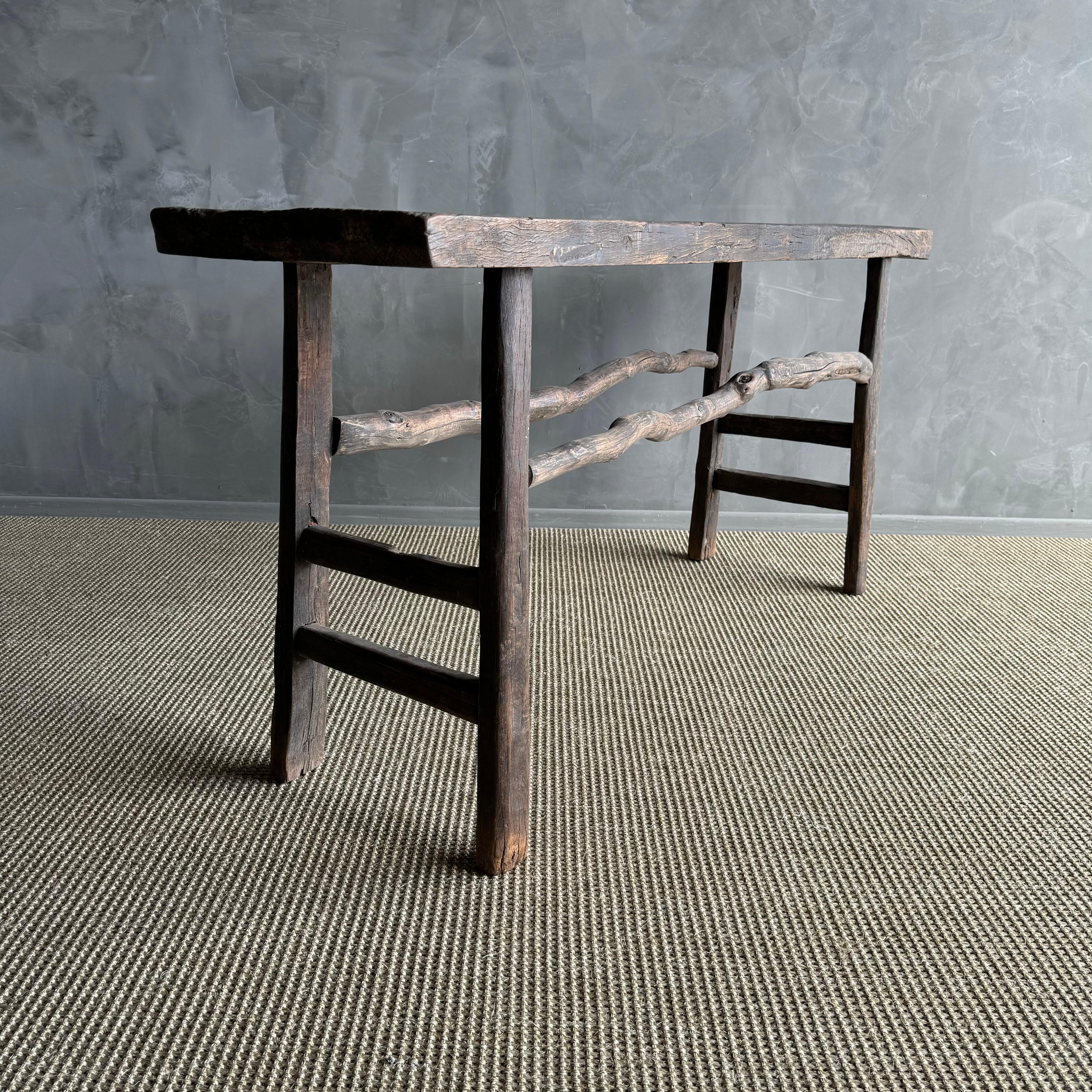 Vintage Elm Wood Console Dark Rustic Branch Stretchers 3
