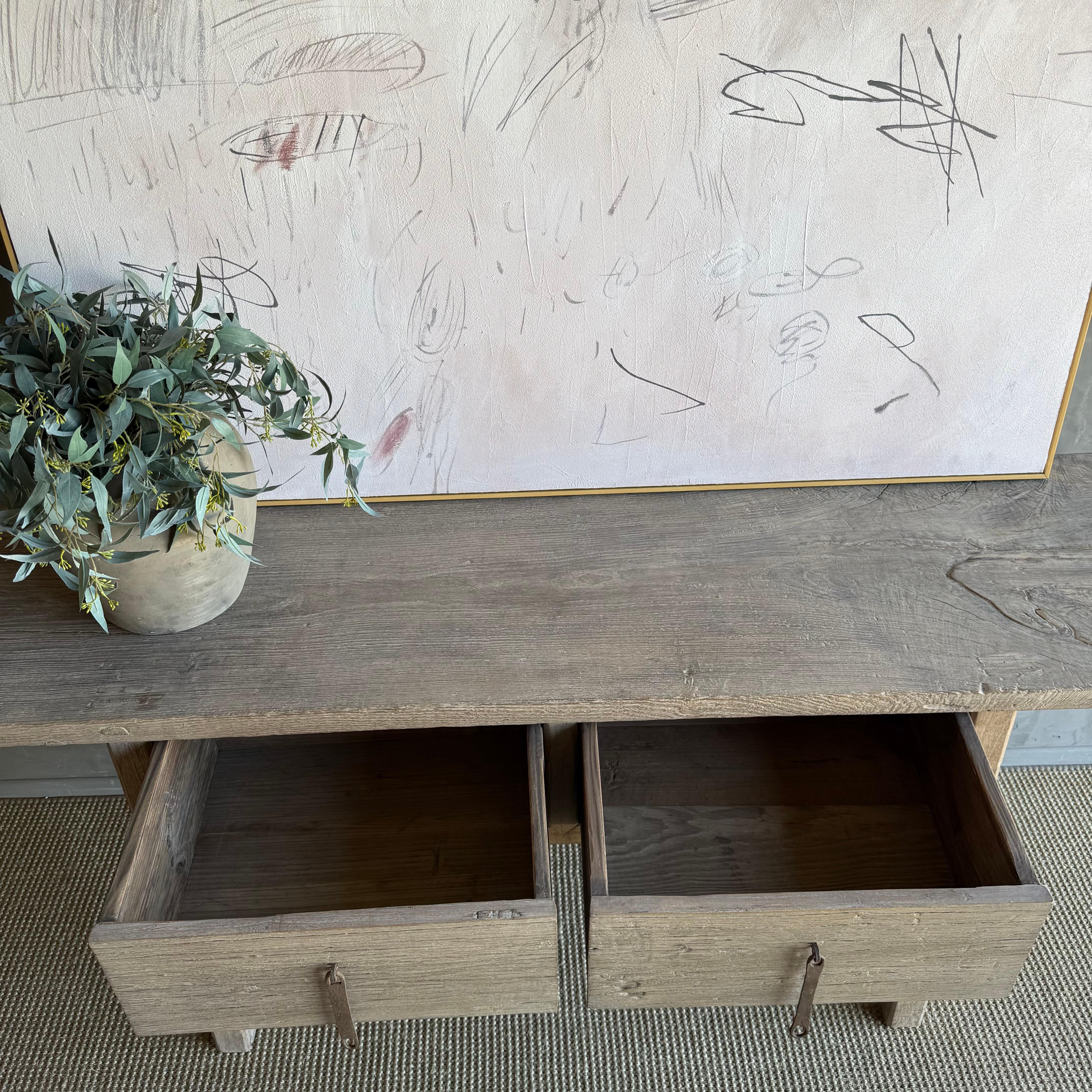 Vintage Elm Wood Console Natural Finish with 2 Drawers For Sale 5