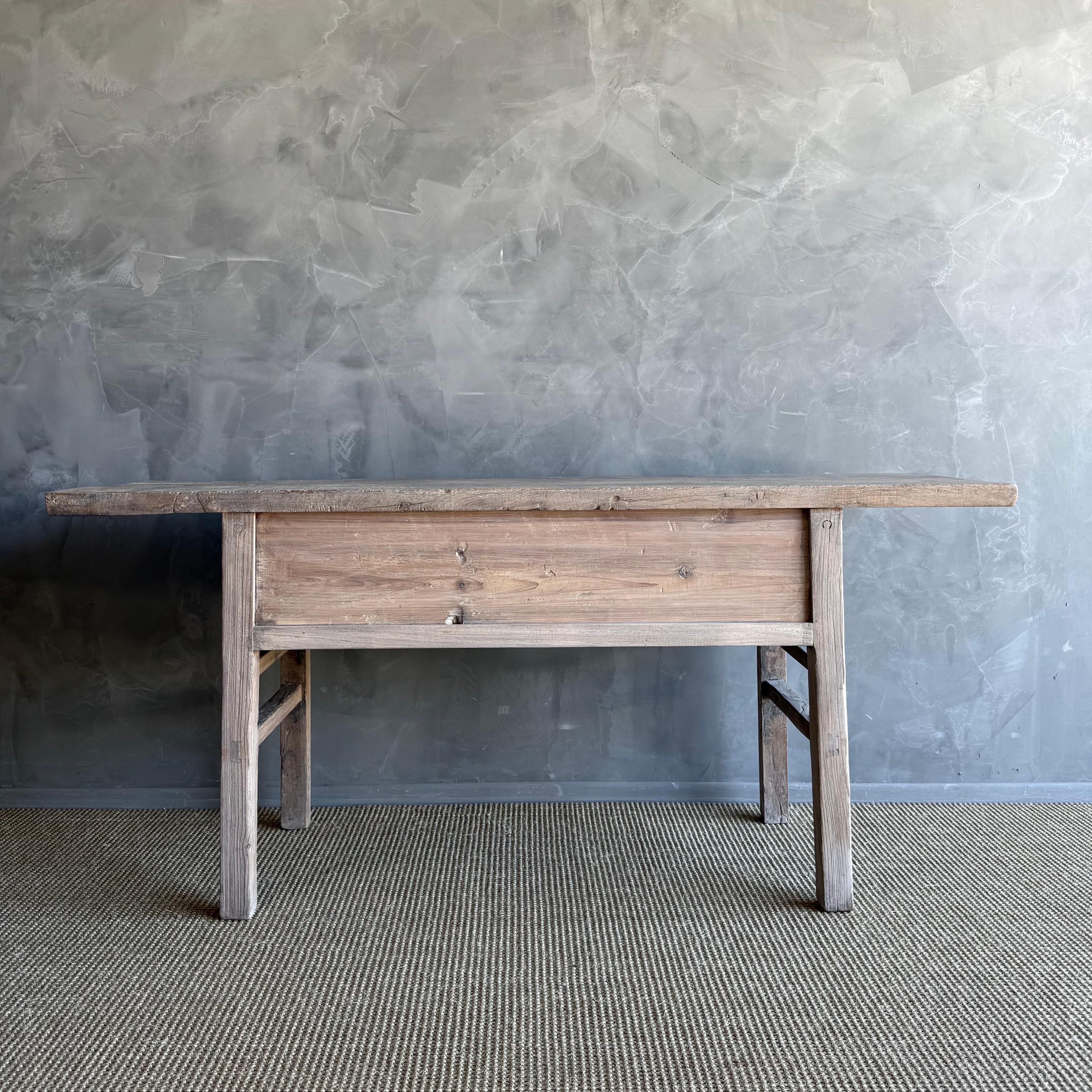 Vintage Elm Wood Console Natural Finish with 2 Drawers For Sale 7