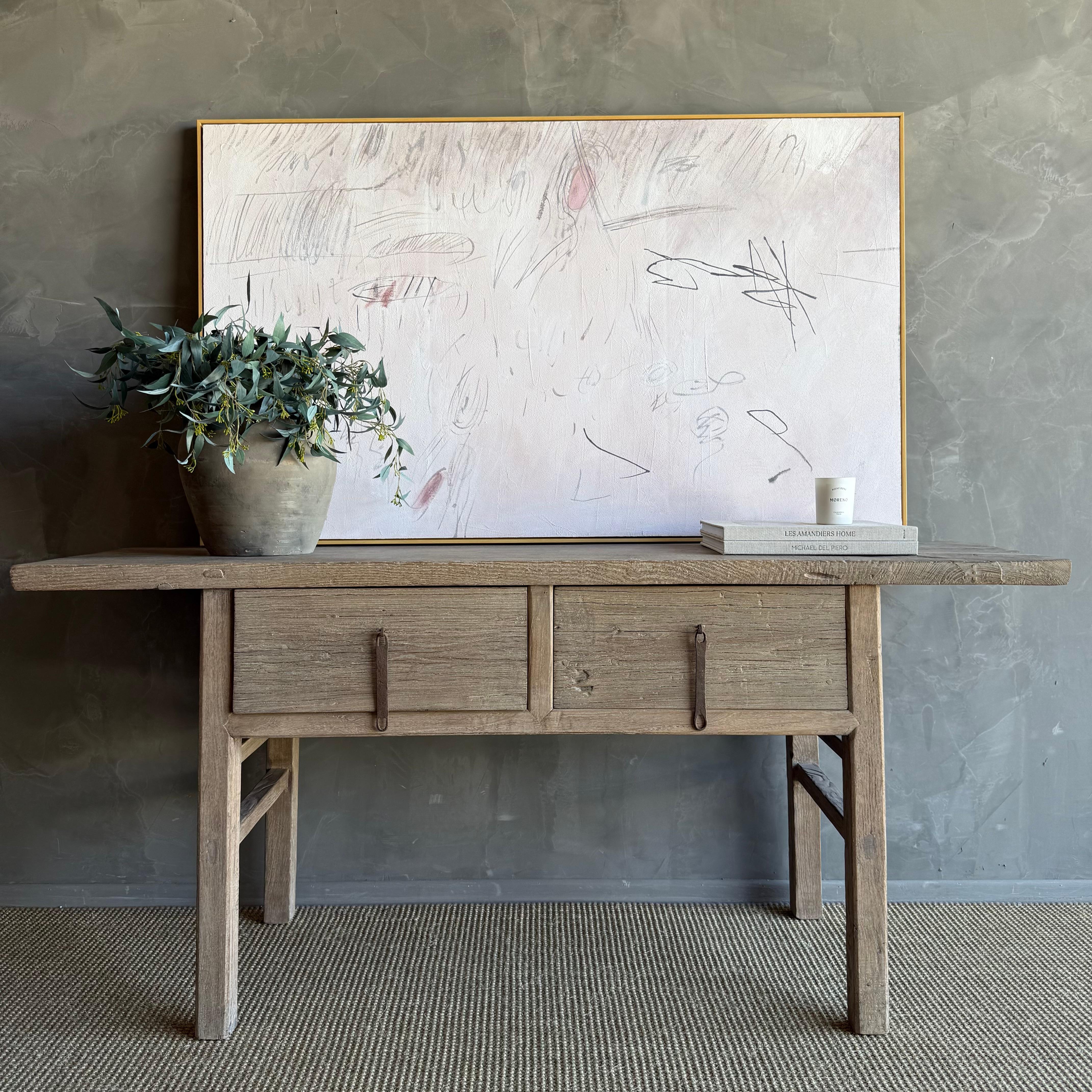 Vintage Elm Wood Console Natural Finish with 2 Drawers For Sale 8