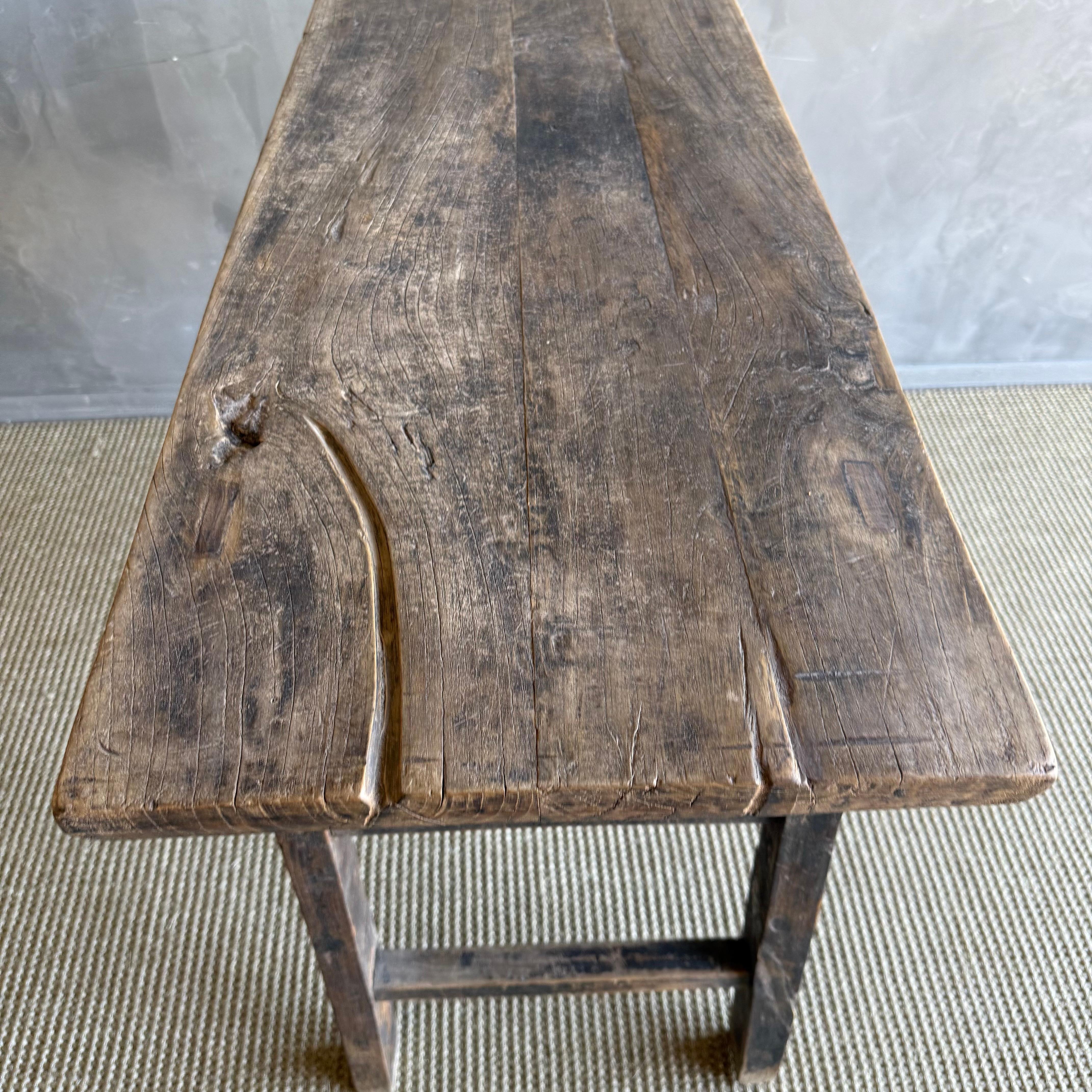 Vintage Elm Wood Console Natural Finish with 2 Drawers For Sale 9