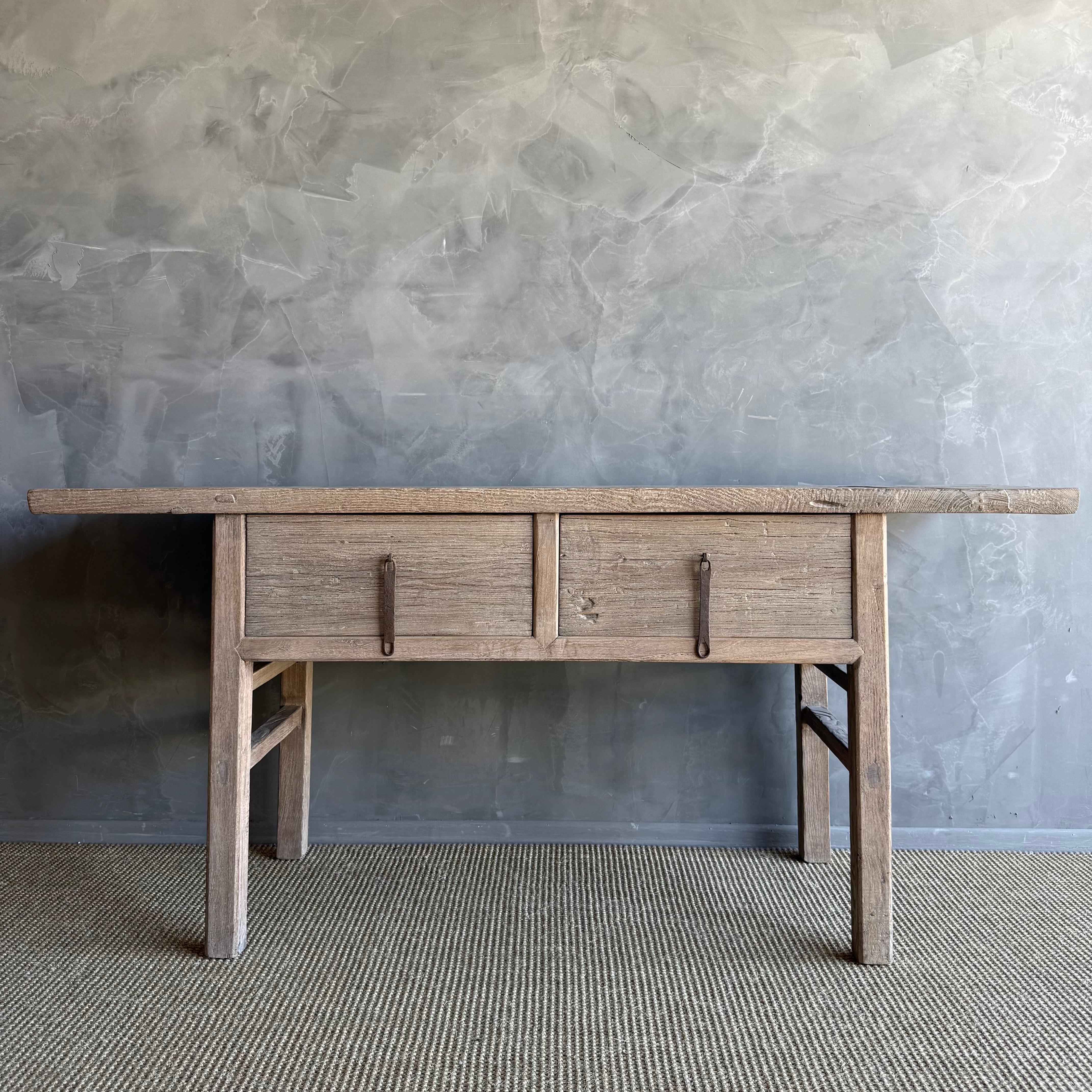 Organic Modern Vintage Elm Wood Console Natural Finish with 2 Drawers For Sale