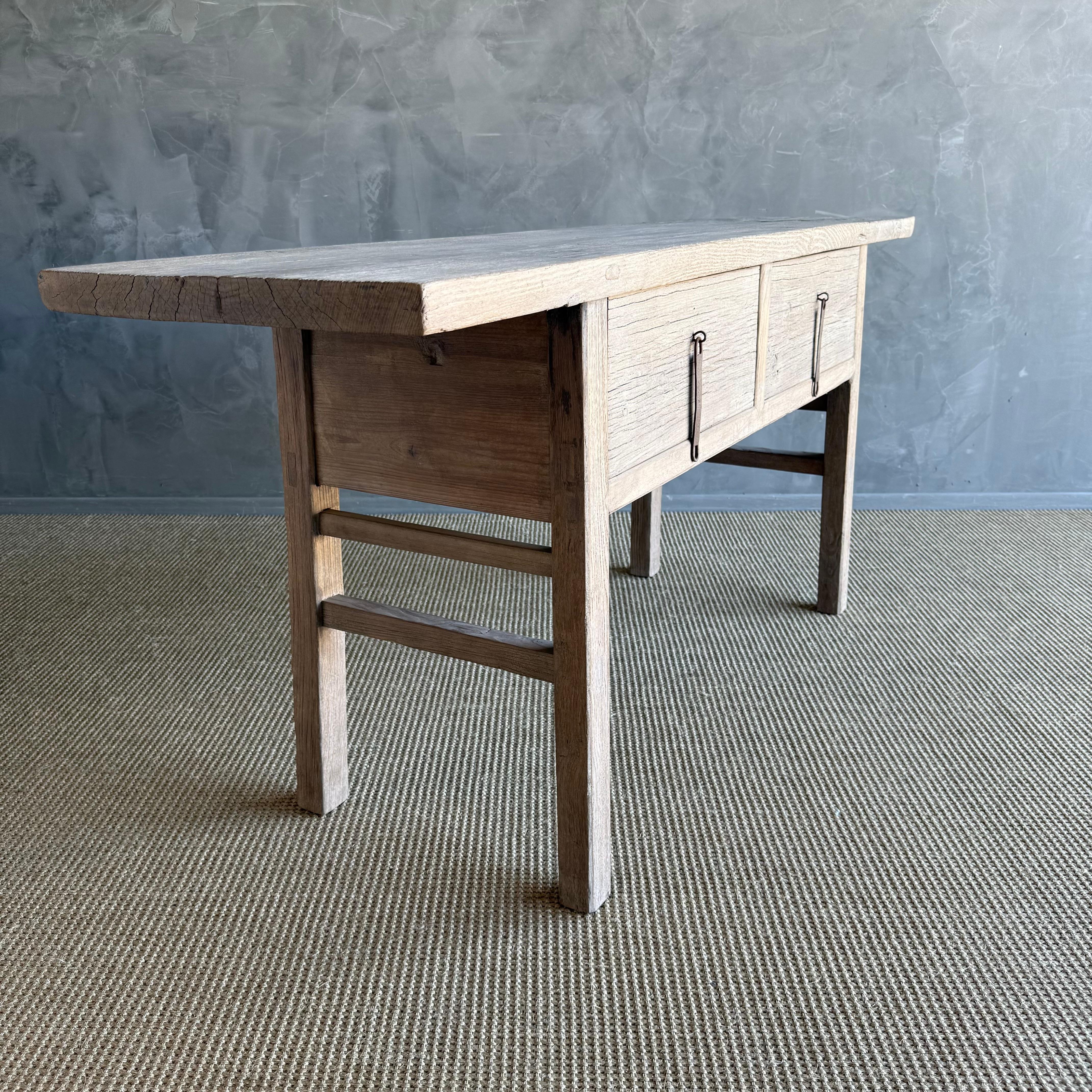 Vintage Elm Wood Console Natural Finish with 2 Drawers In Good Condition For Sale In Old Town Orange, CA