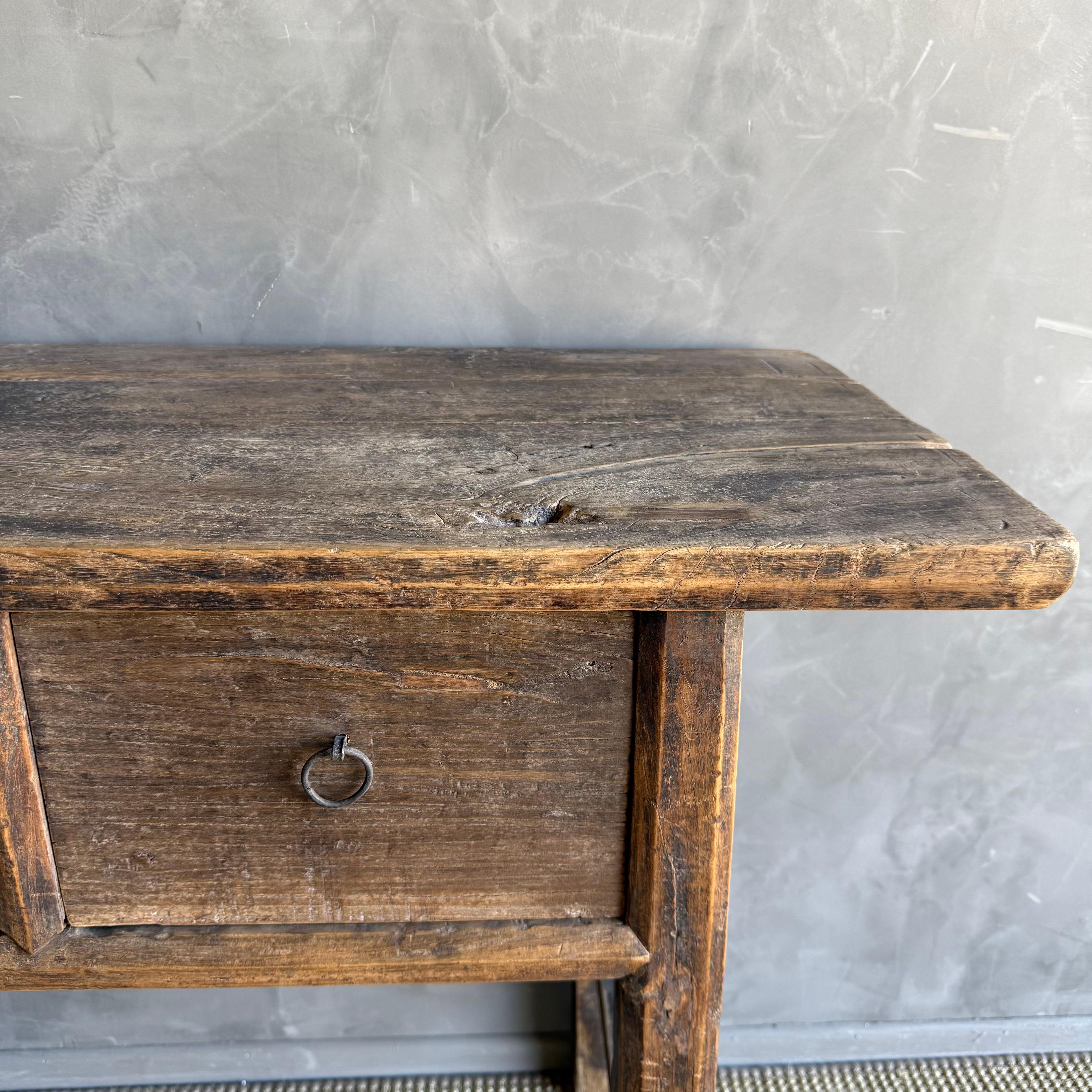 20th Century Vintage Elm Wood Console Natural Finish with 2 Drawers For Sale