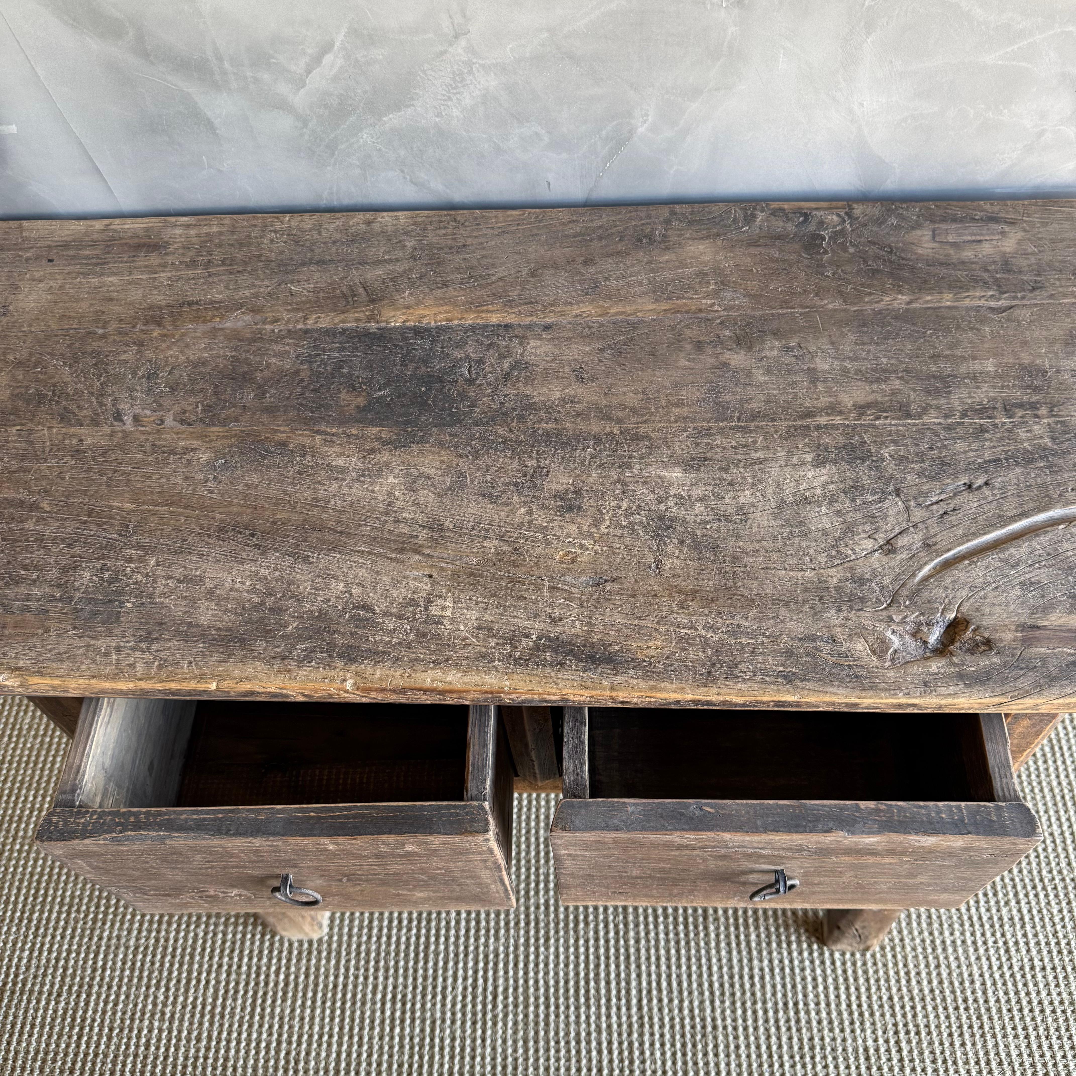Vintage Elm Wood Console Natural Finish with 2 Drawers For Sale 1
