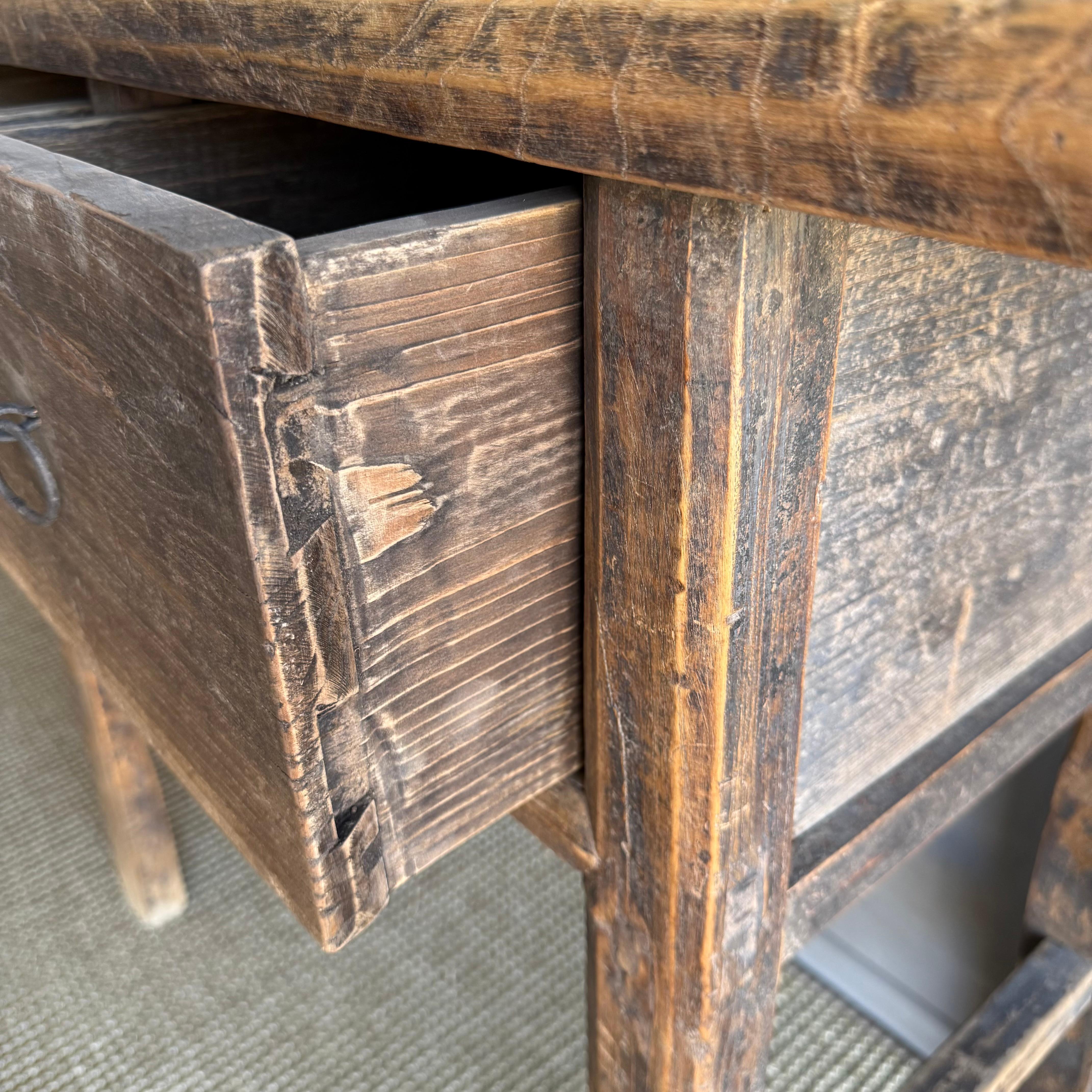 Vintage Elm Wood Console Natural Finish with 2 Drawers For Sale 2