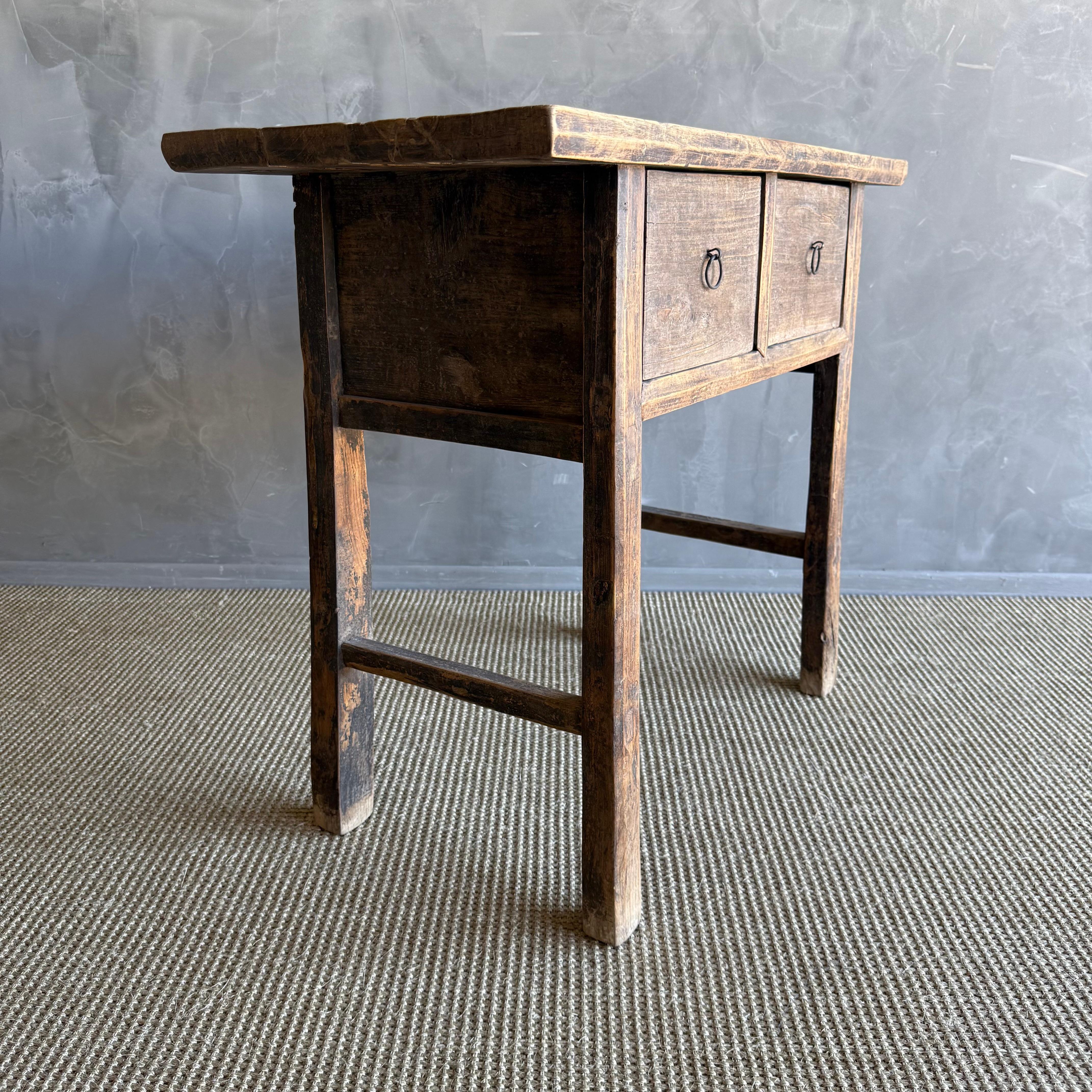 Vintage Elm Wood Console Natural Finish with 2 Drawers For Sale 3