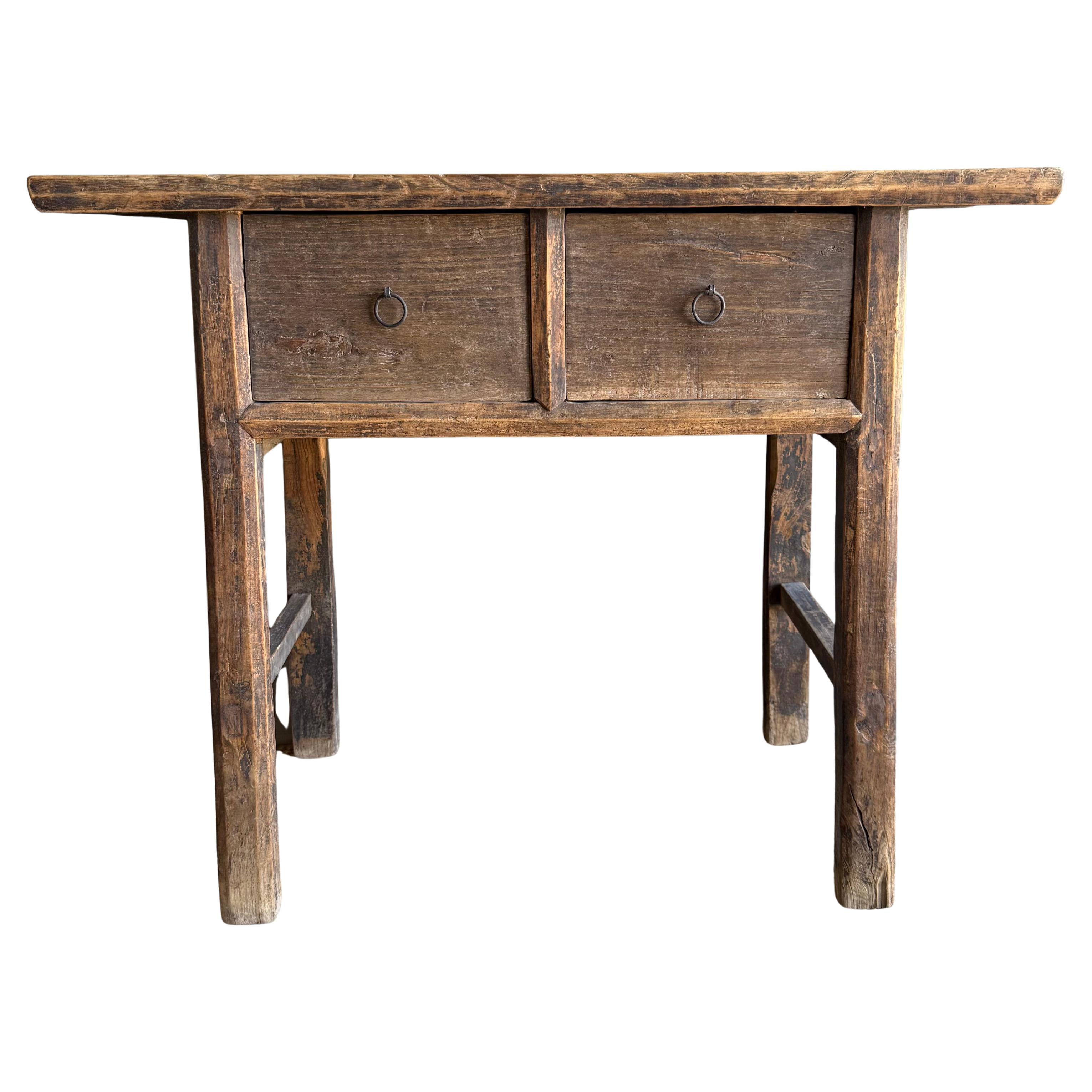 Vintage Elm Wood Console Natural Finish with 2 Drawers
