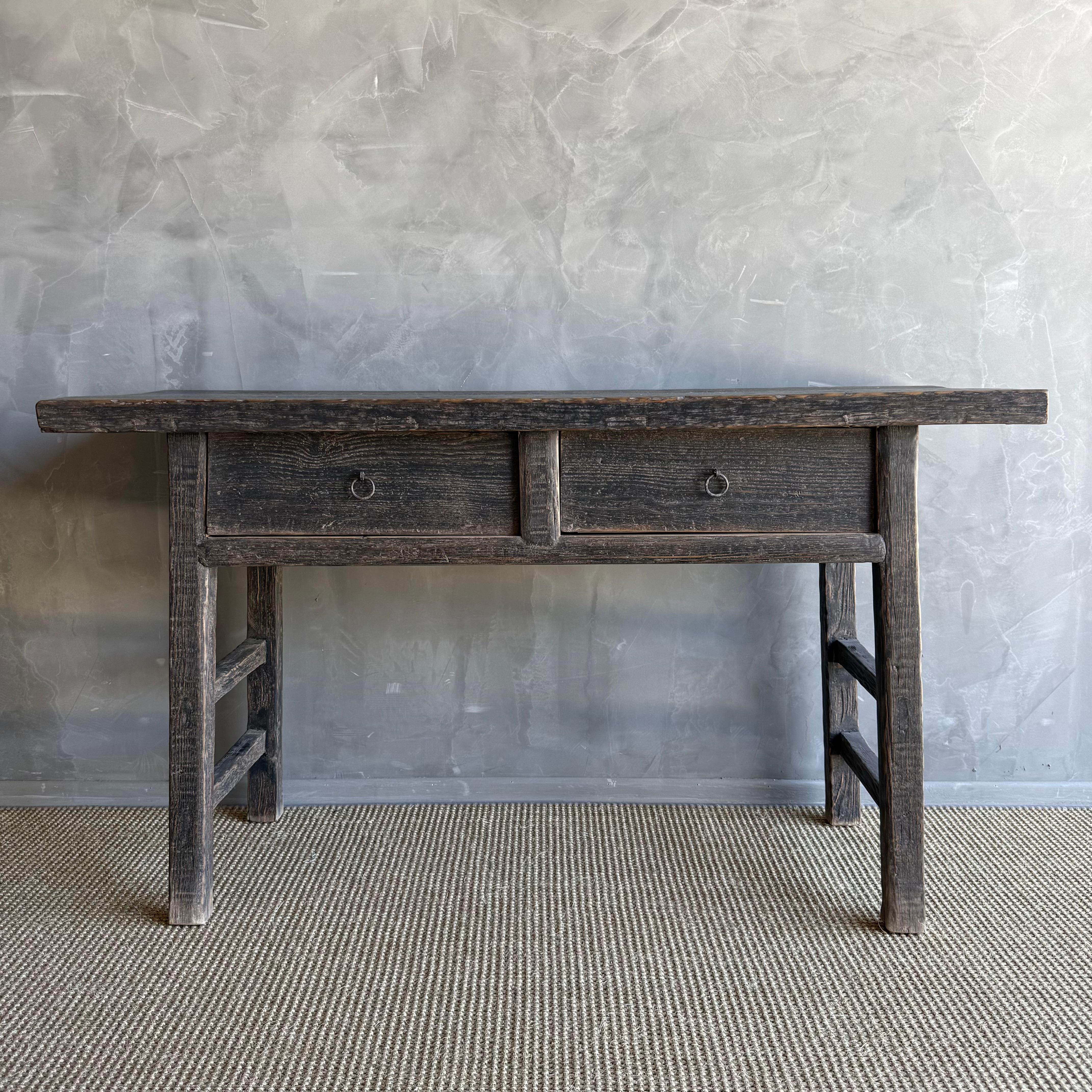 Organic Modern Vintage Elm Wood Console Painted Finish with 2 Drawers For Sale