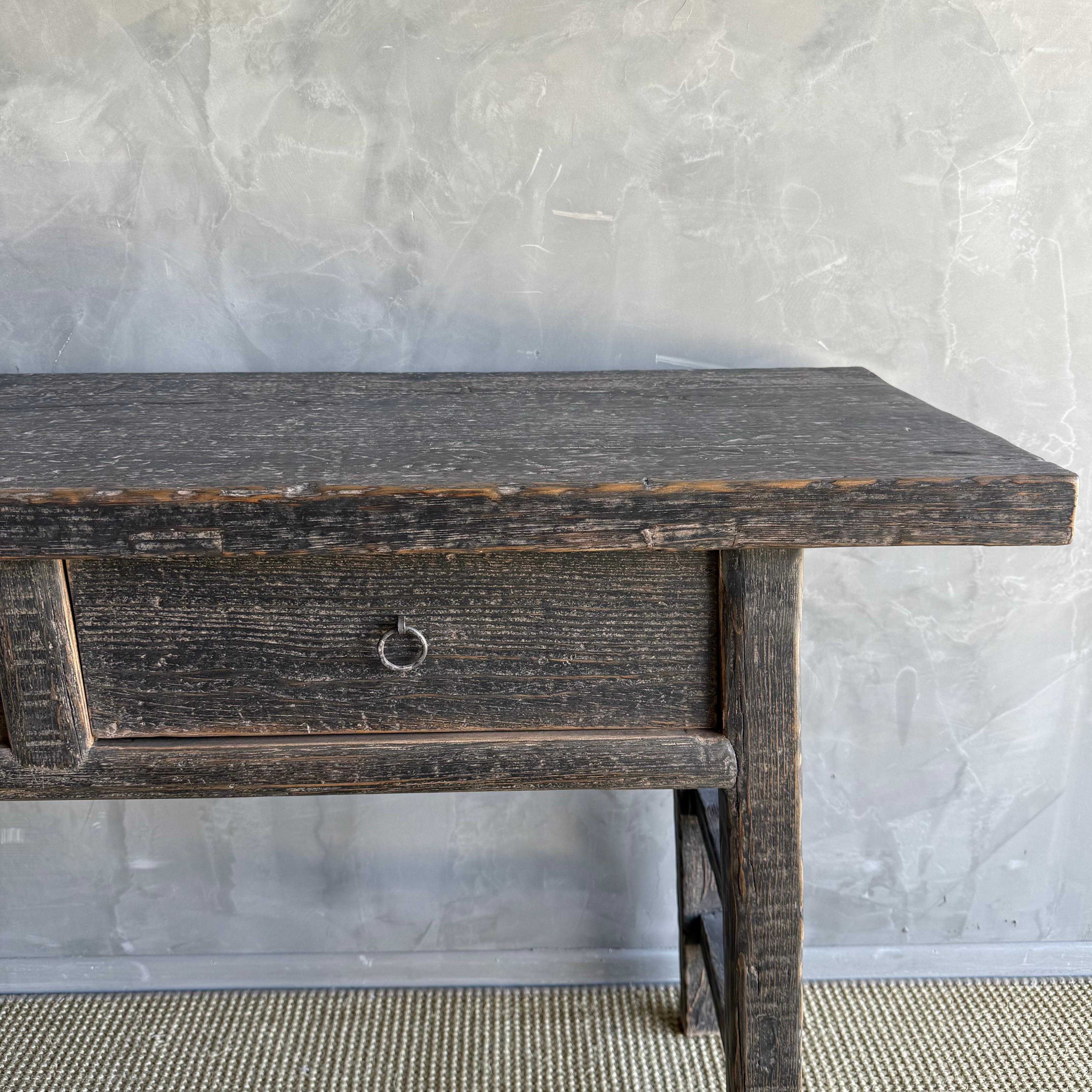 Vintage Elm Wood Console Painted Finish with 2 Drawers In Good Condition For Sale In Old Town Orange, CA