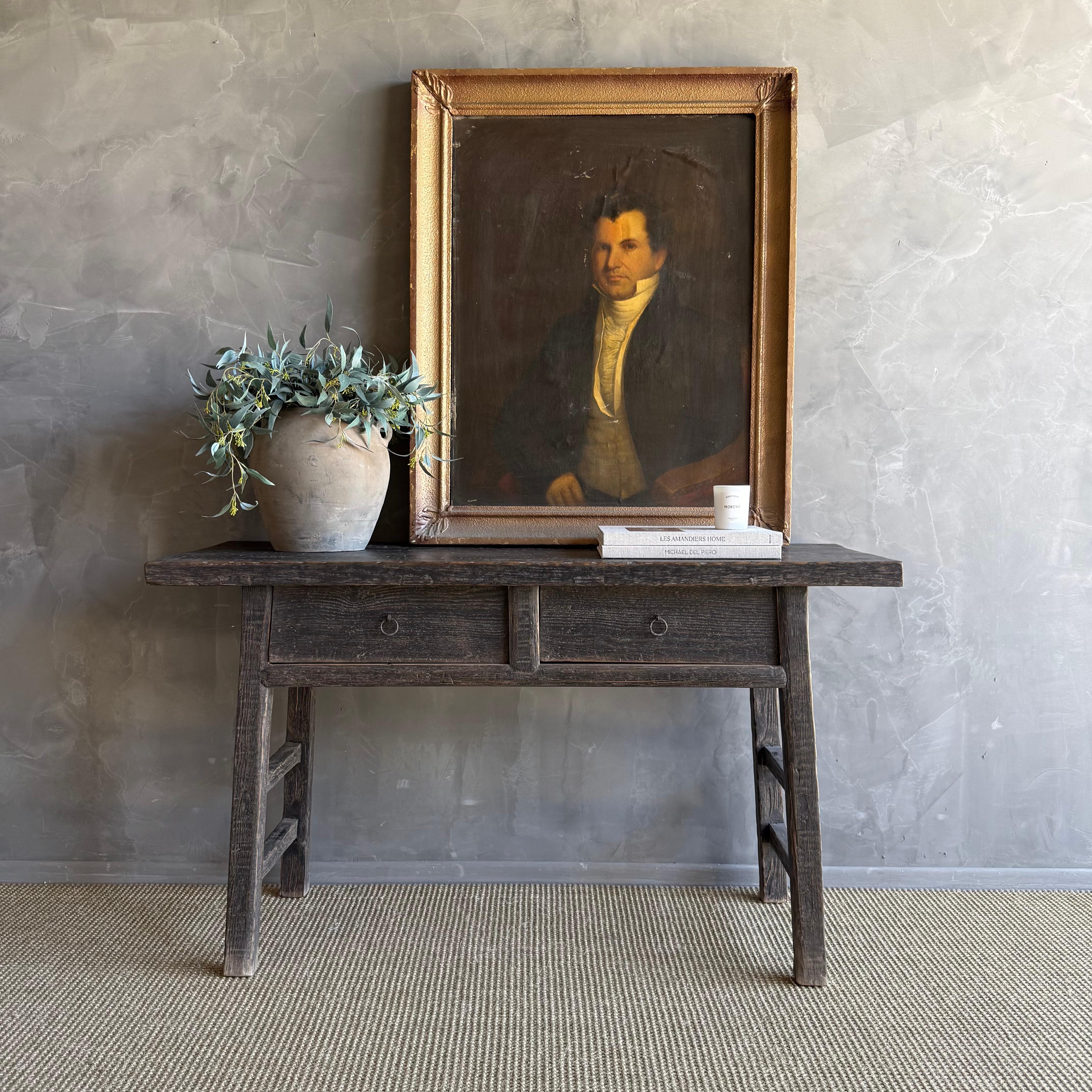 20th Century Vintage Elm Wood Console Painted Finish with 2 Drawers For Sale