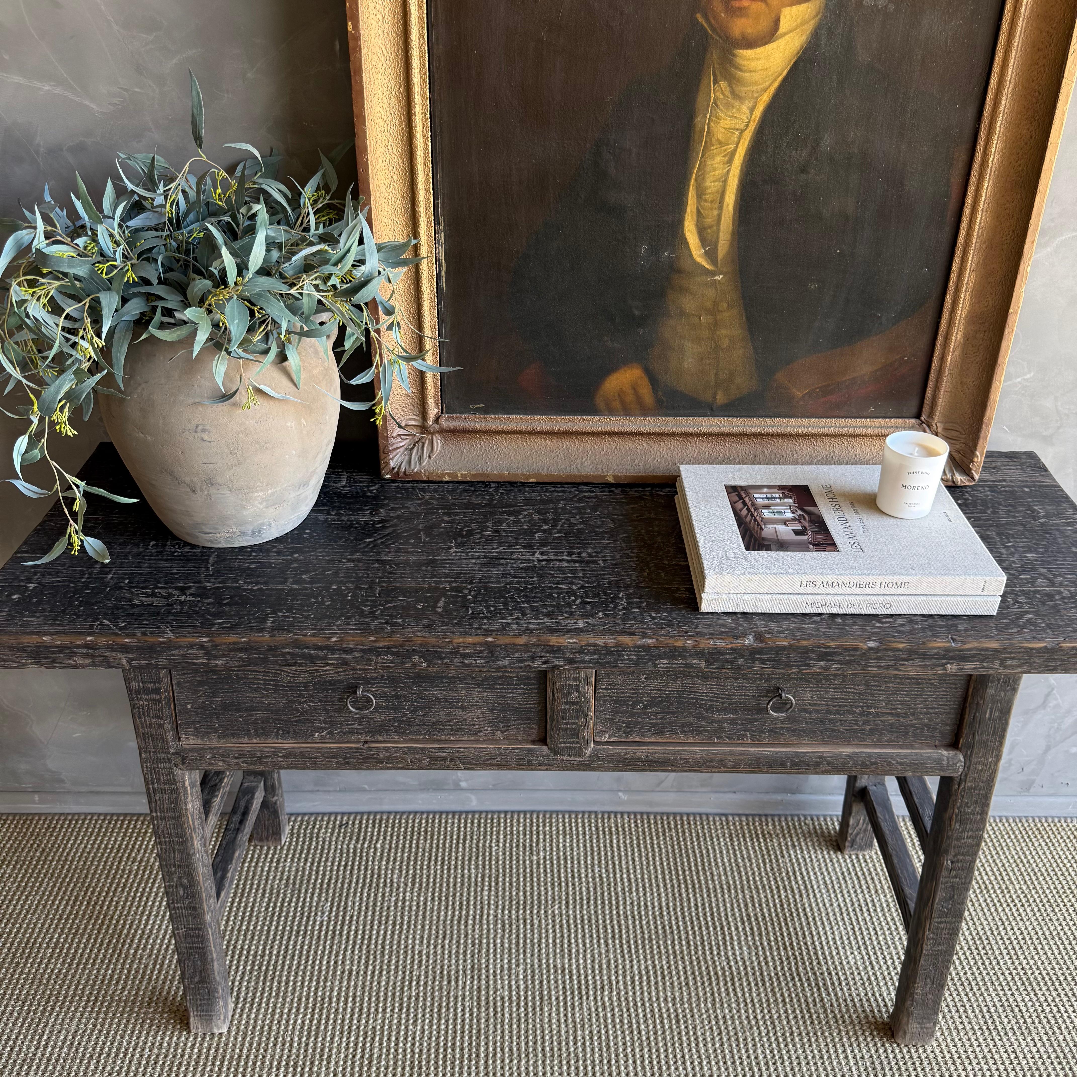 Vintage Elm Wood Console Painted Finish with 2 Drawers For Sale 1