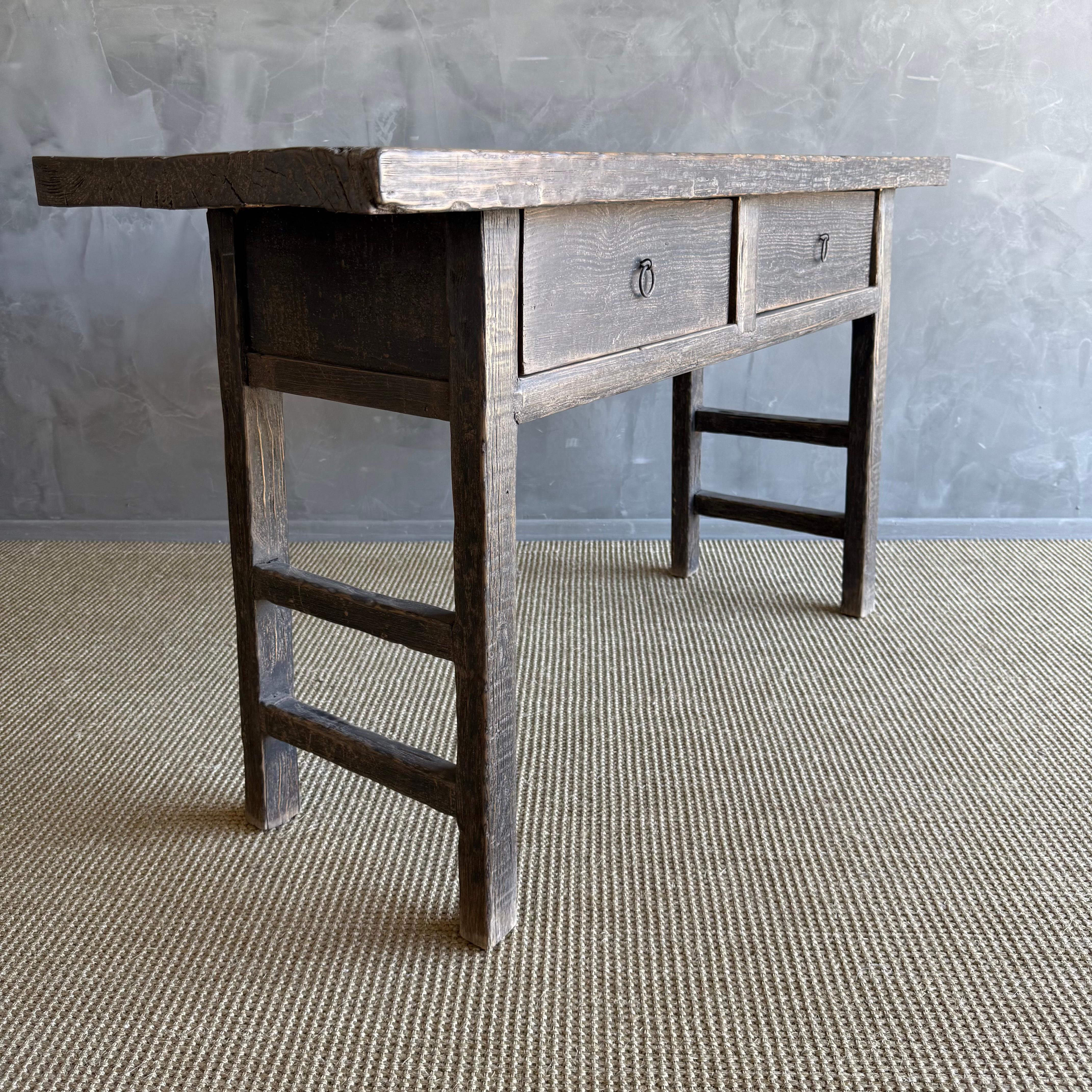 Vintage Elm Wood Console Painted Finish with 2 Drawers For Sale 2