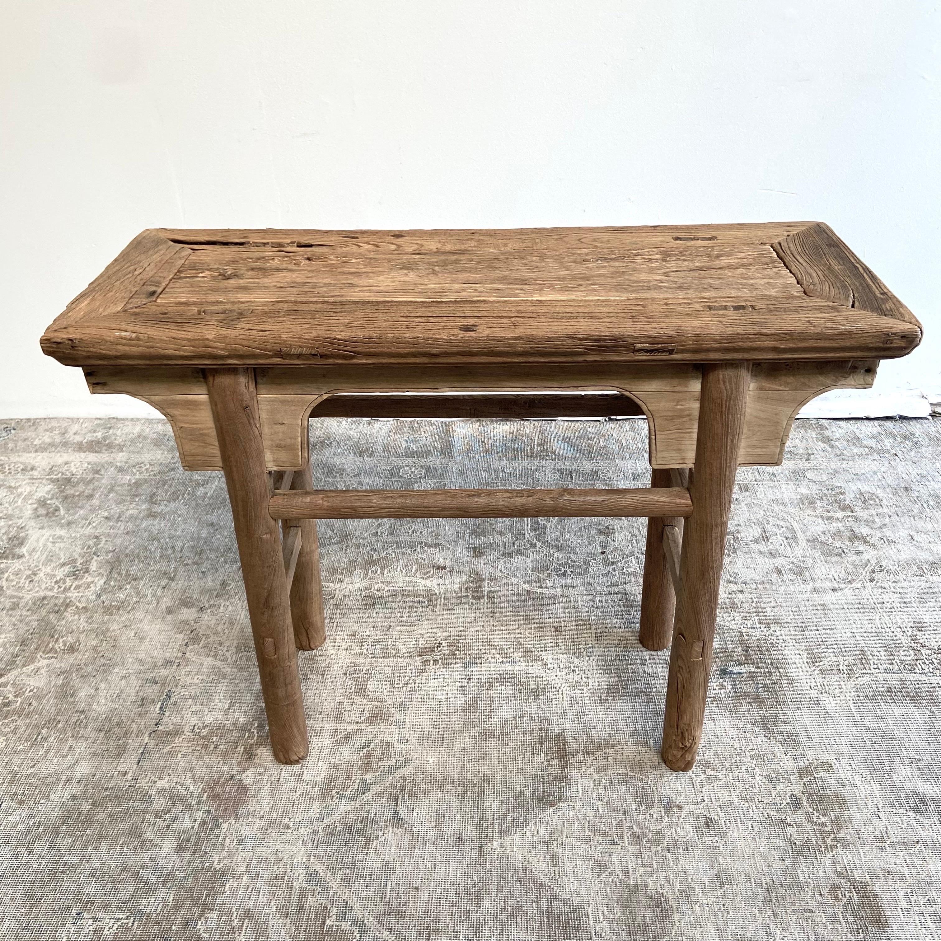 Vintage antique elm wood console table Beautiful antique patina, with weathering and age, these are solid and sturdy ready for daily use, use as an entry table, sofa table or console in a dining room. Great in a living room with baskets or ottomans