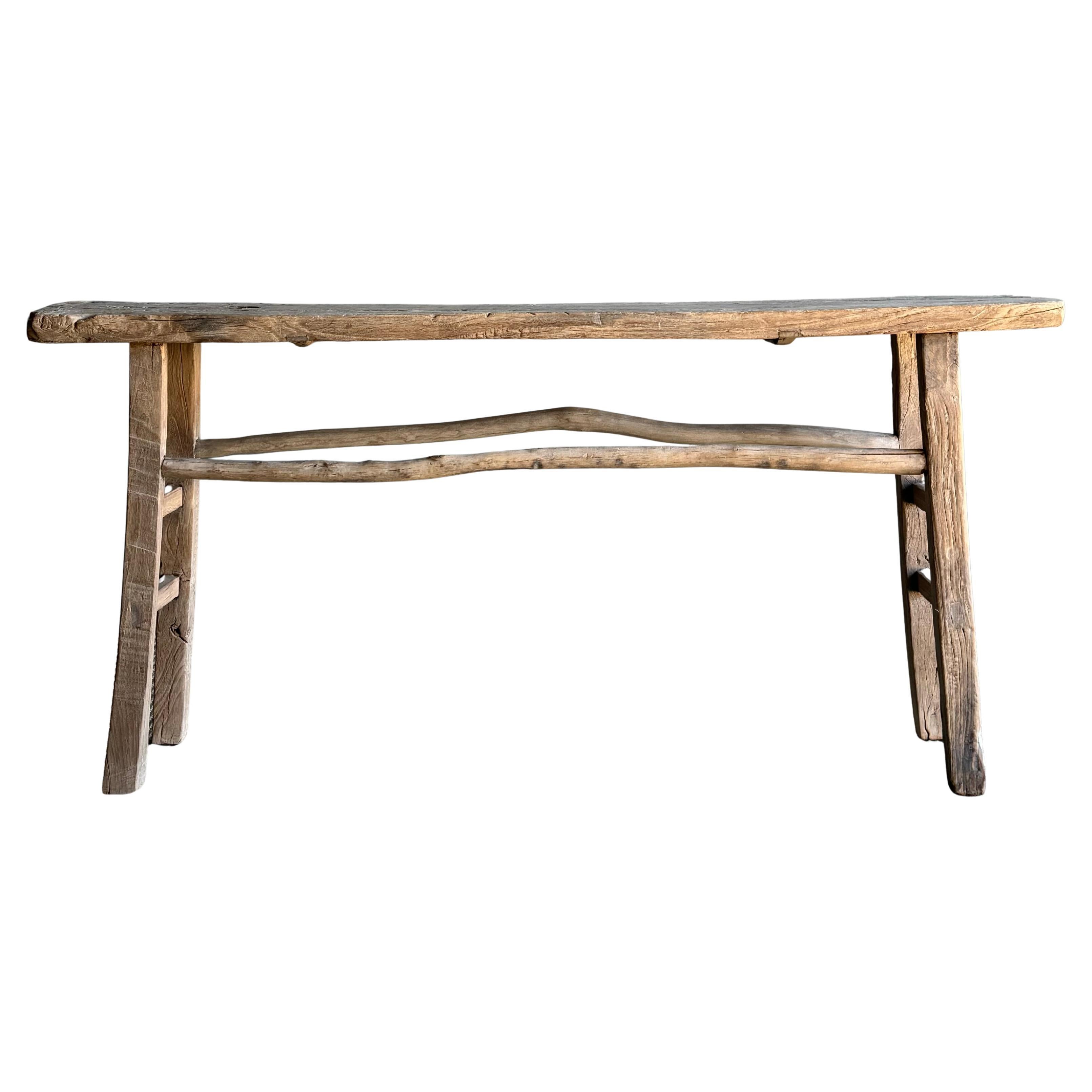 Vintage Ulme Wood Konsolentisch 67" mit rustikalen Branch-Stretchern