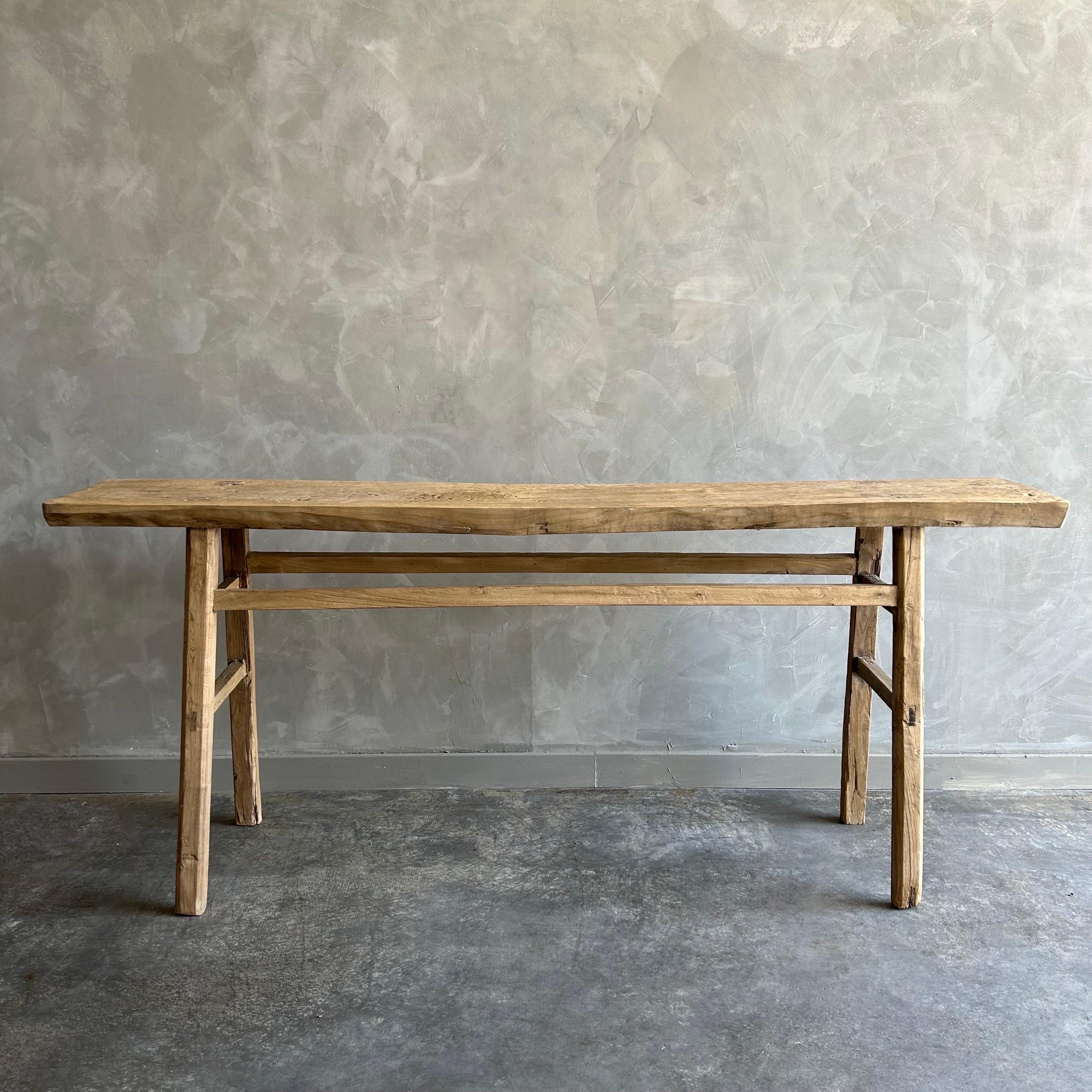 Bloom Home inc has over 2000 items in stock ready for immediate shipping, scroll down to view all of our items!
Elm console 77”w x 18”d x 32.5”h
Top:13.5”d
Vintage Antique Elm Wood Console Table Made from Vintage reclaimed elm wood. Beautiful