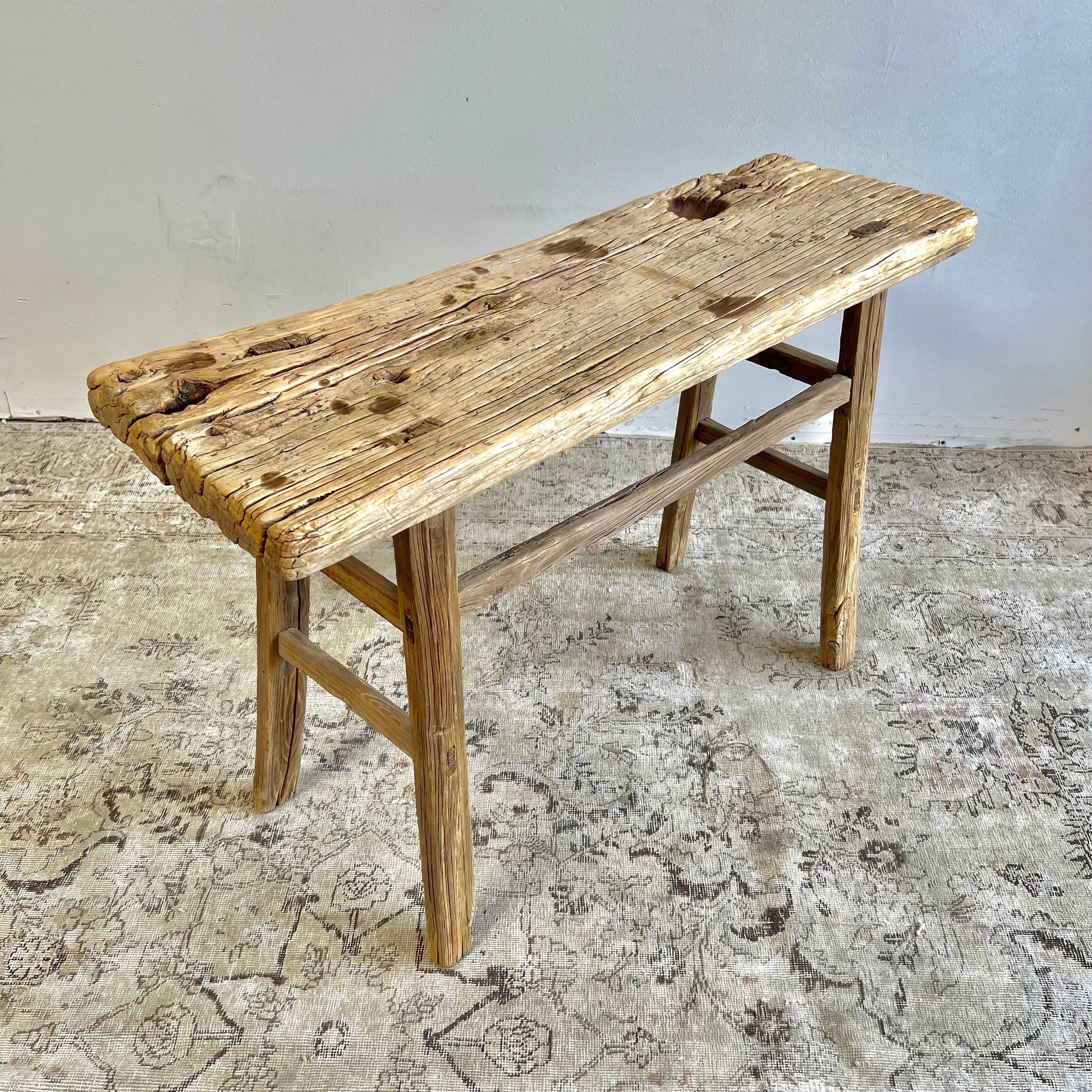 Vintage antique elm wood console table Beautiful antique patina, with weathering and age, these are solid and sturdy ready for daily use, use as a entry table, sofa table or console in a dining room. Great in a living room with baskets or ottomans