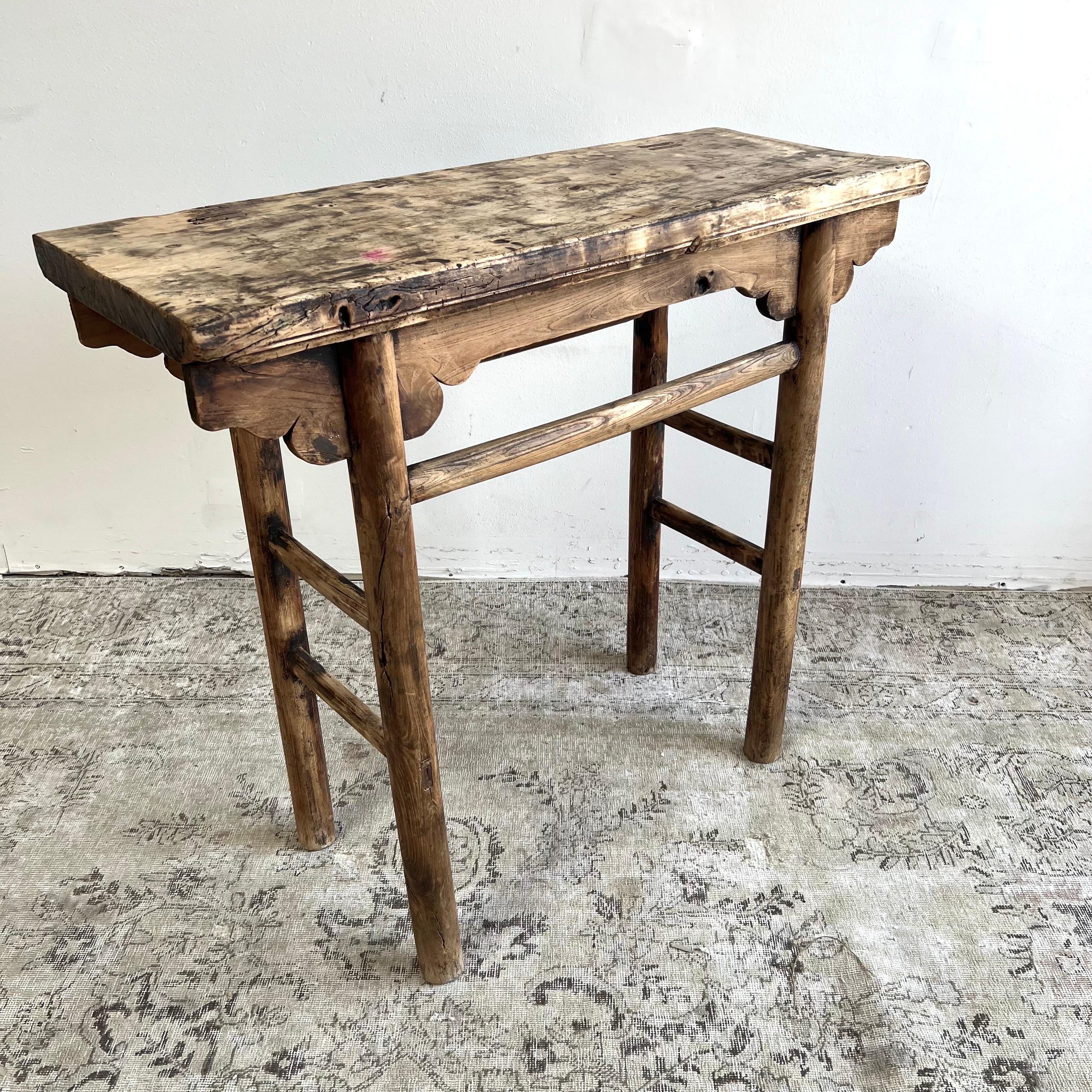 Vintage antique elm wood console table Beautiful antique patina, with weathering and age, these are solid and sturdy ready for daily use, use as a entry table, sofa table or console in a dining room. Great in a living room with baskets or ottomans