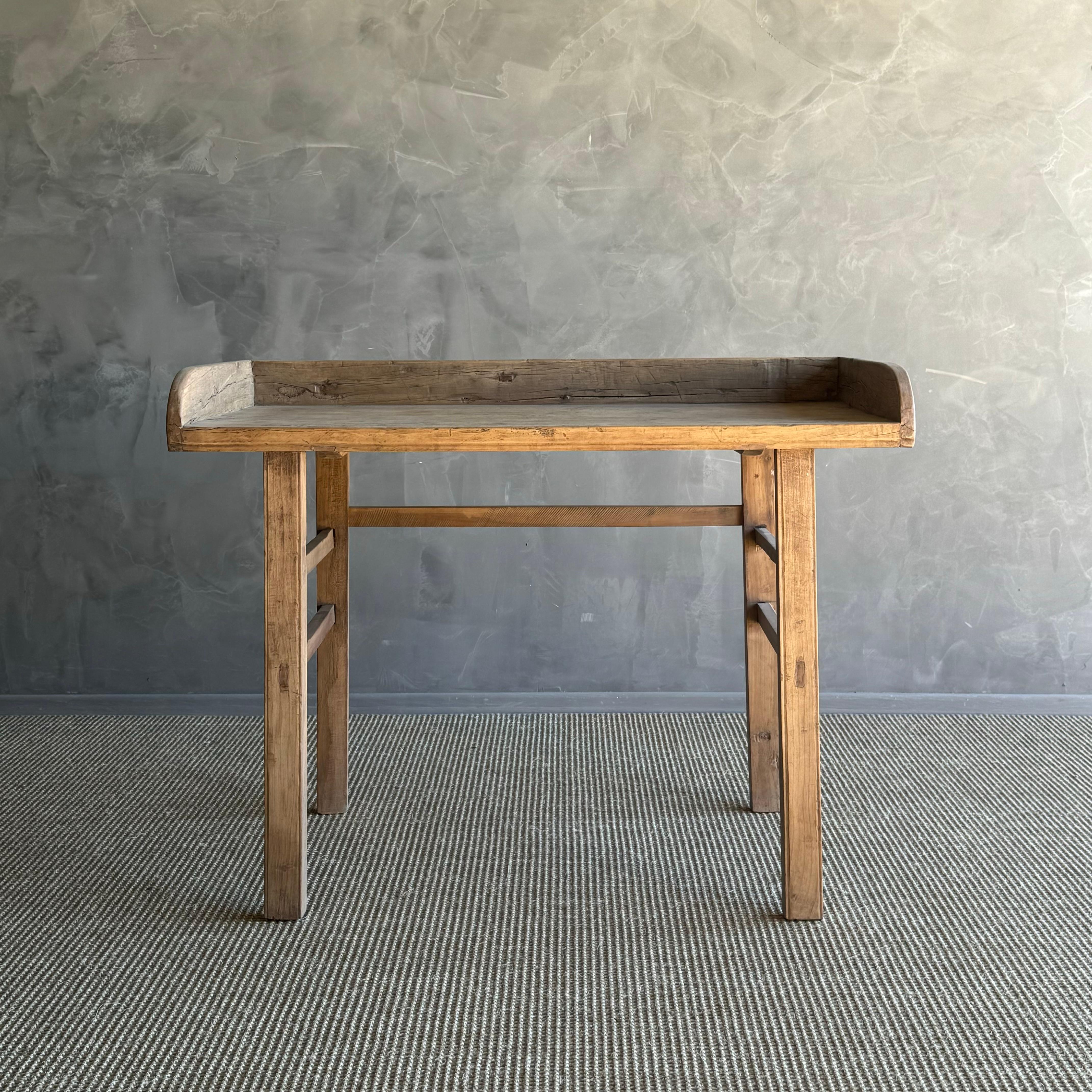 vintage elm wood console table or writing desk - a true gem showcasing authentic elm wood with its original natural wood patina. This rare find exudes a wabi sabi aesthetic, adding a touch of rustic charm to your home. Perfect for mountain, lake, or