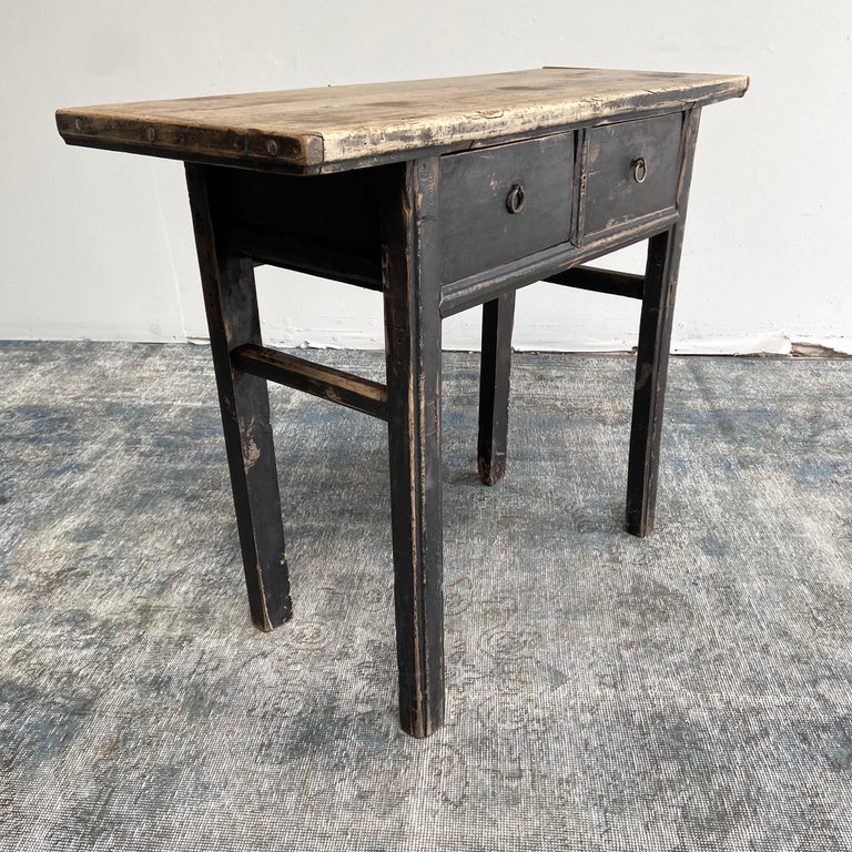 Vintage Elm Wood Console Table with 2 Drawers For Sale at 1stDibs