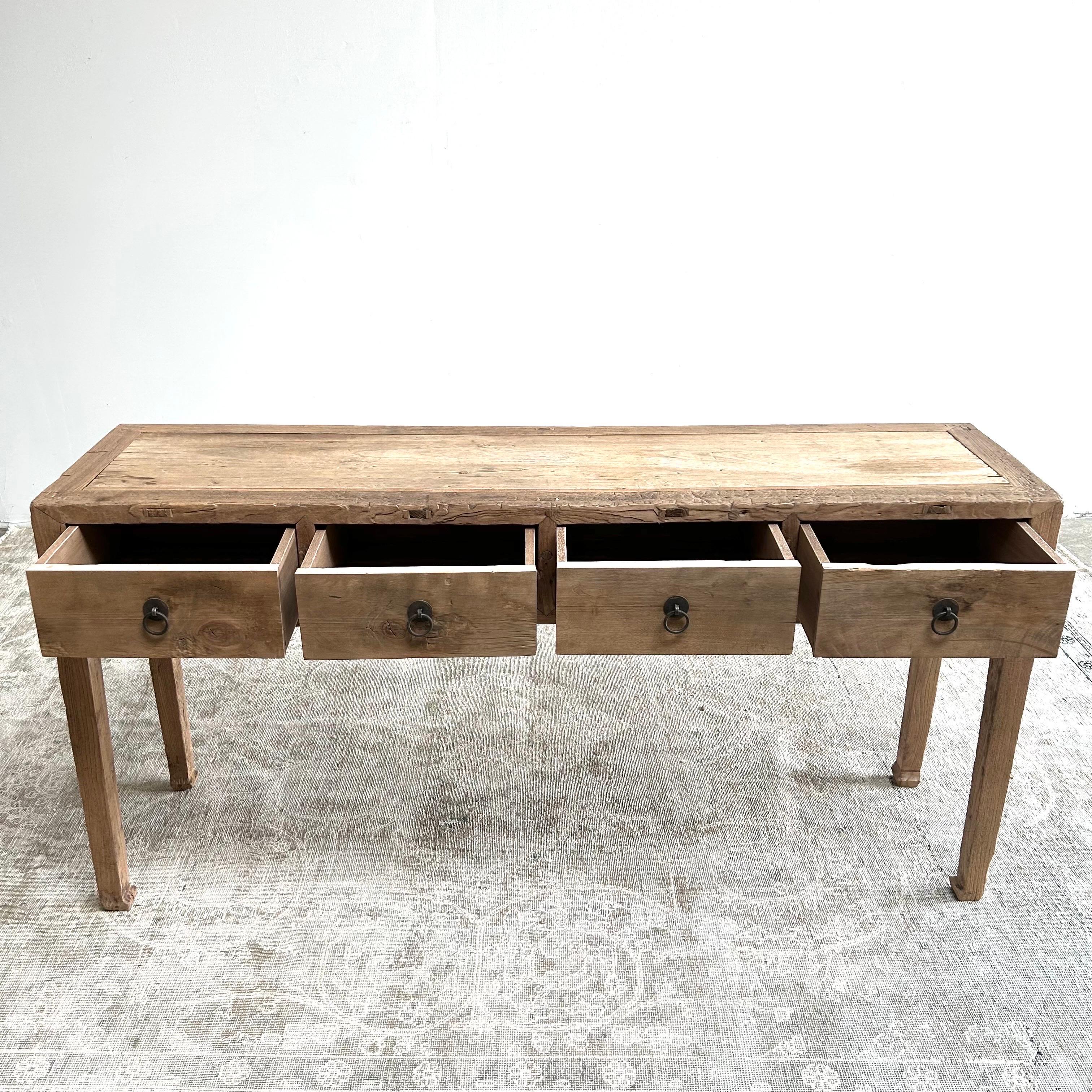 Vintage Elm Wood Console Table with 4 Drawers 4