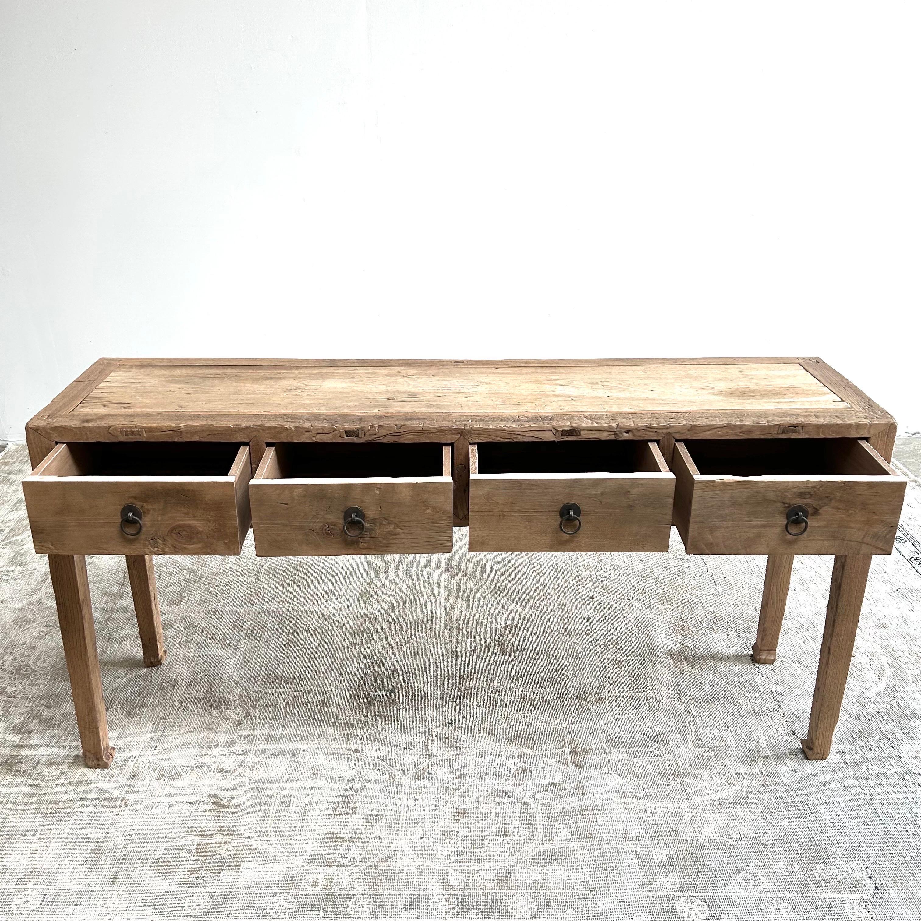 Vintage Elm Wood Console Table with 4 Drawers at 1stDibs