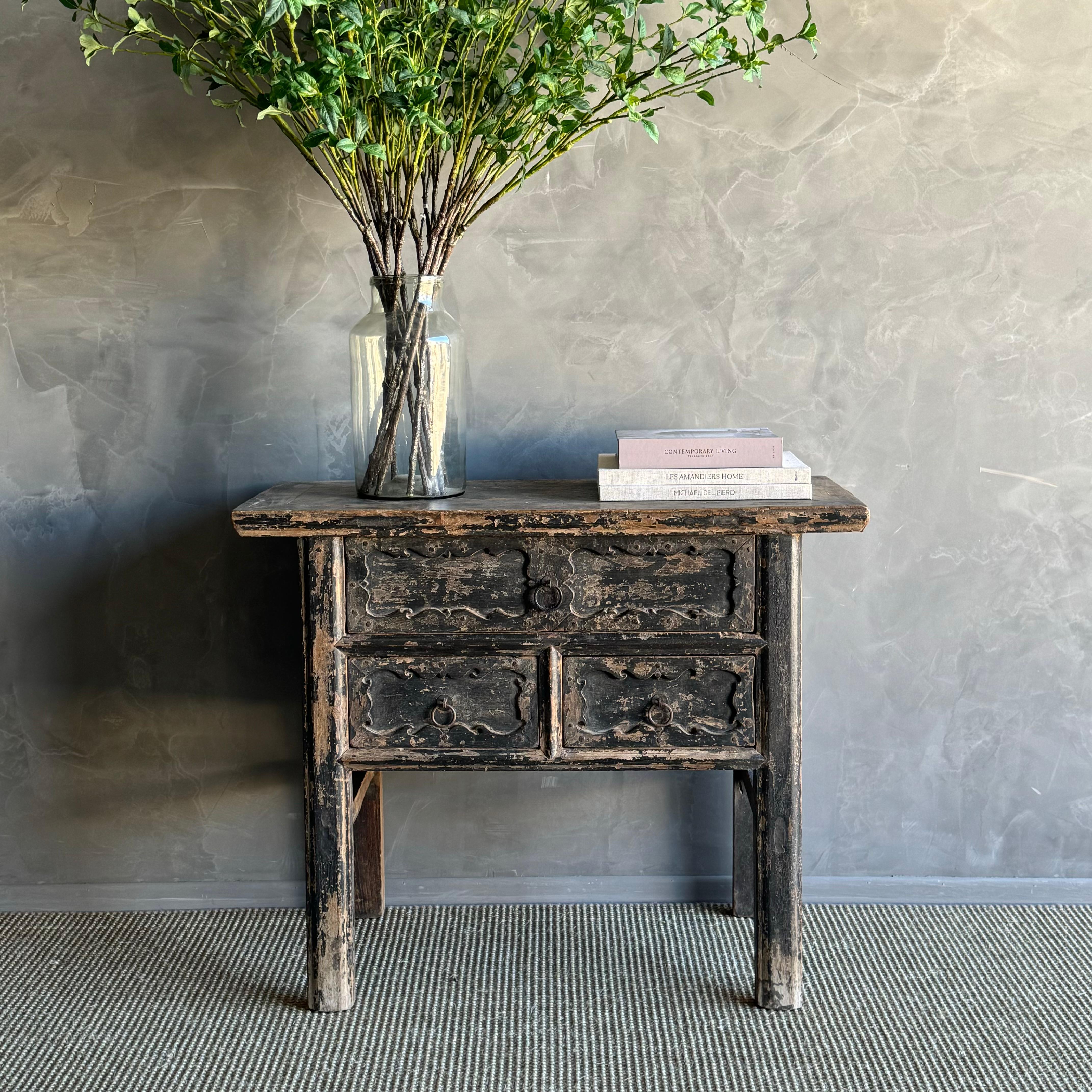 Vintage Elm Wood Console Table with Drawers 40