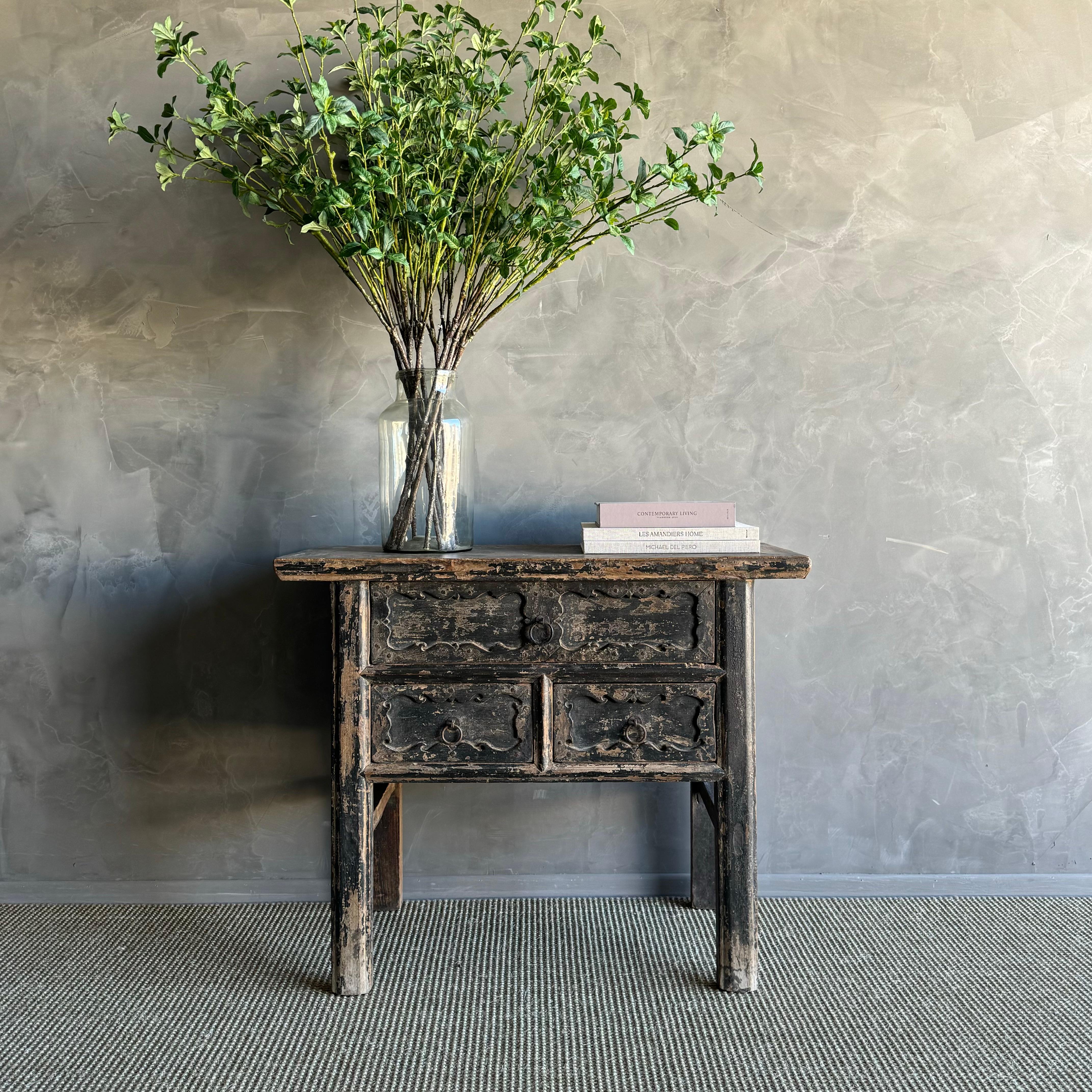 Vintage elm wood drawer console table, a true gem for your home decor. This authentic console table is crafted from elm wood and features drawers with original natural wood patina, adding a touch of character and charm to any space. The rare find