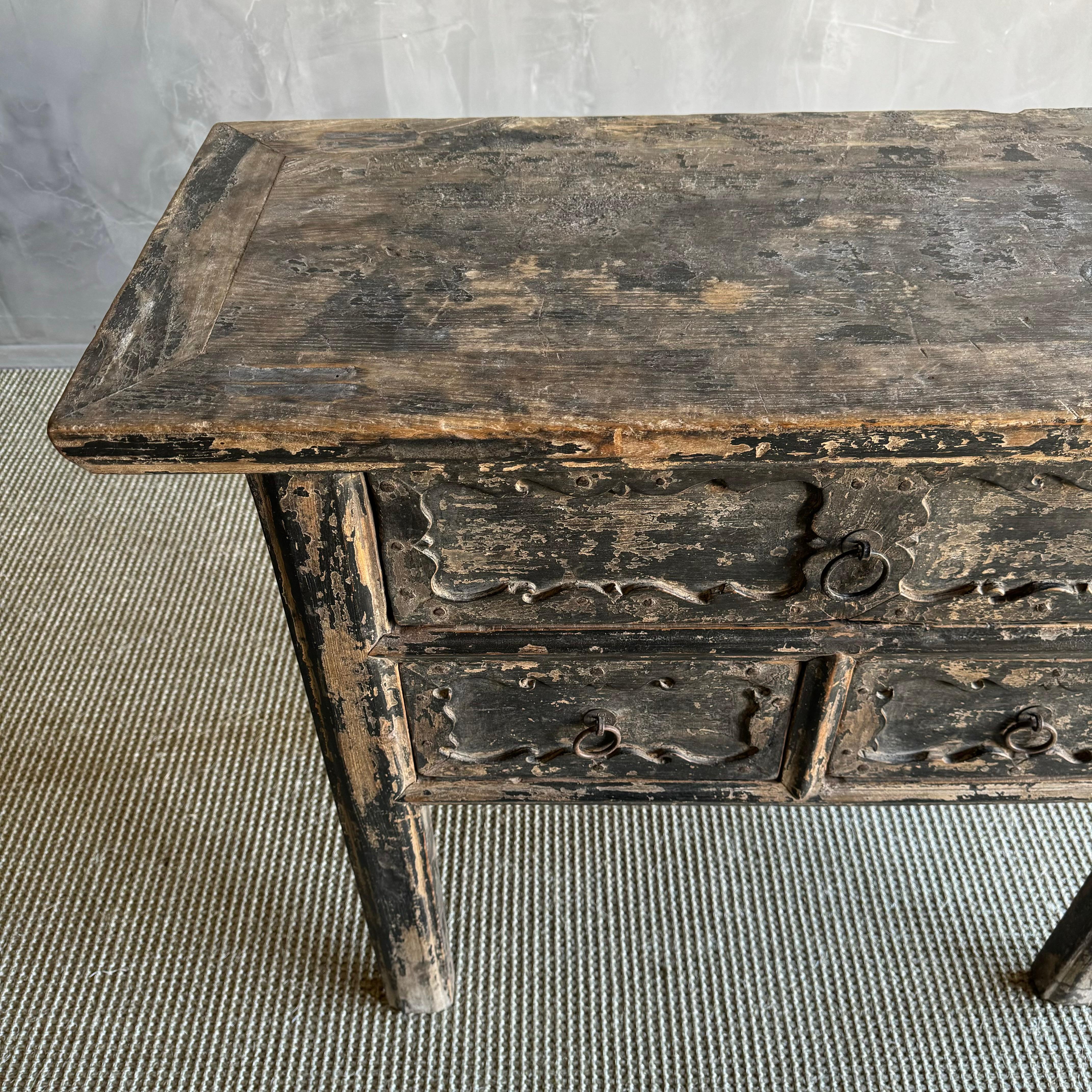 Vintage Elm Wood Console Table with Drawers 40