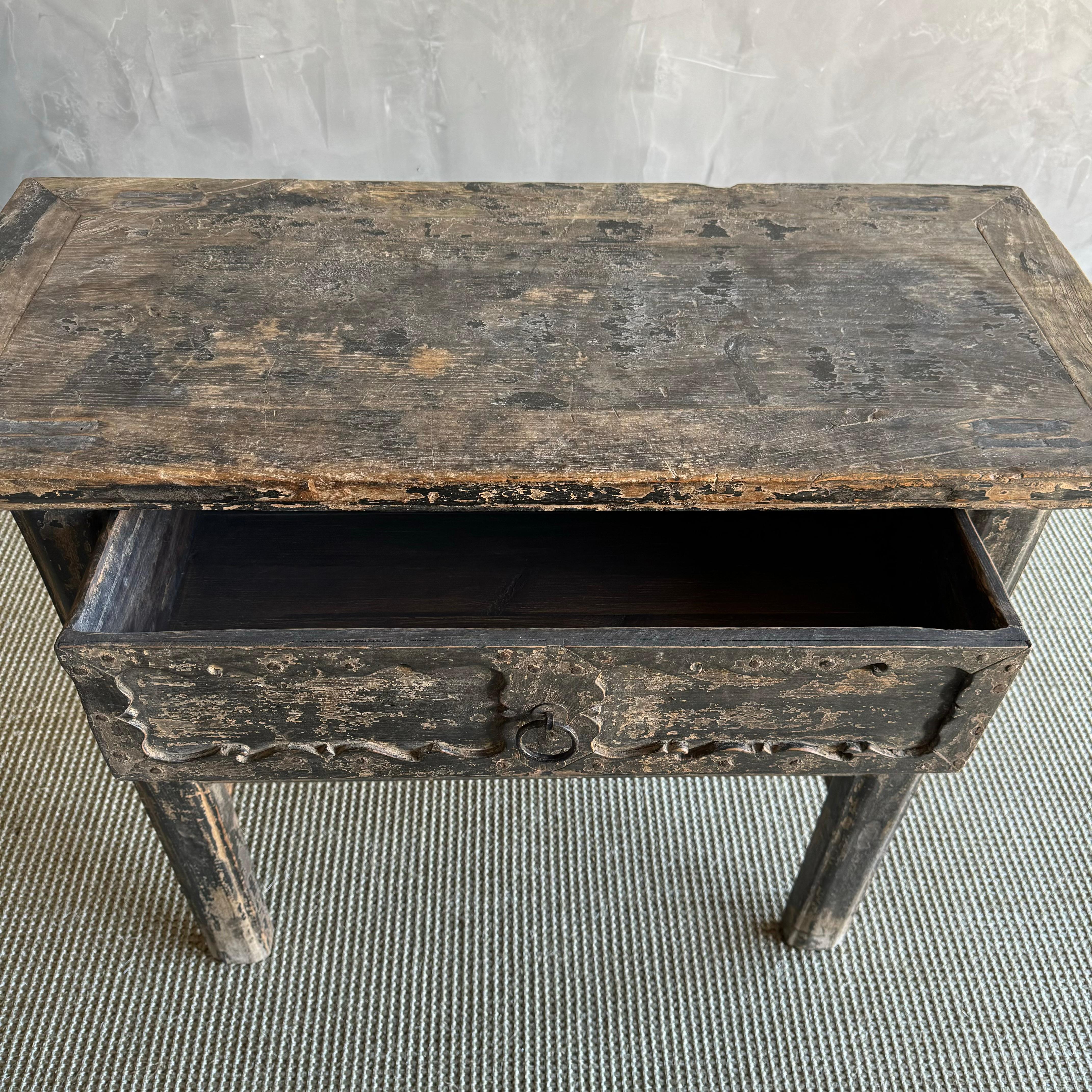 Vintage Elm Wood Console Table with Drawers 40