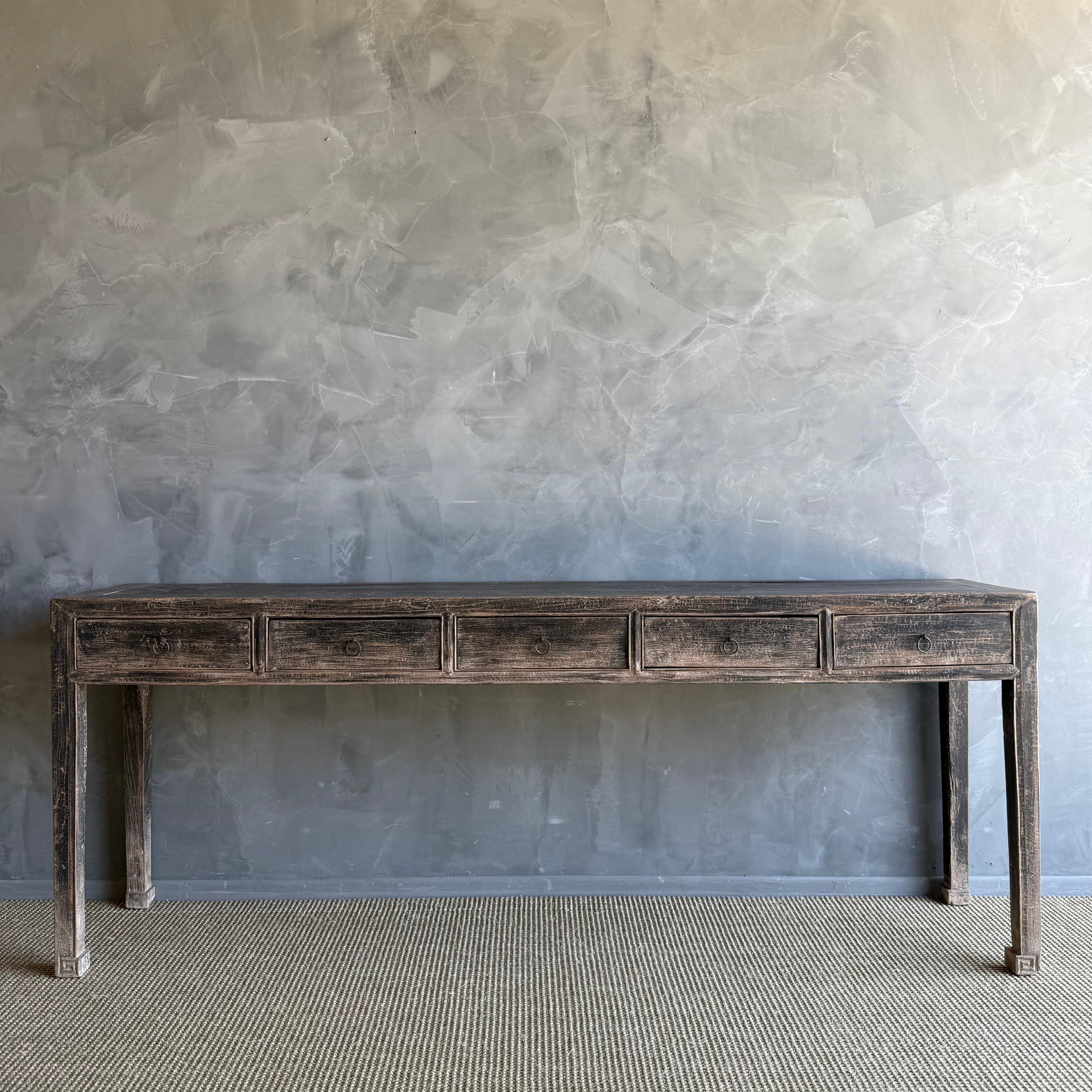 Vintage Elm Wood Console Table with Drawers 85