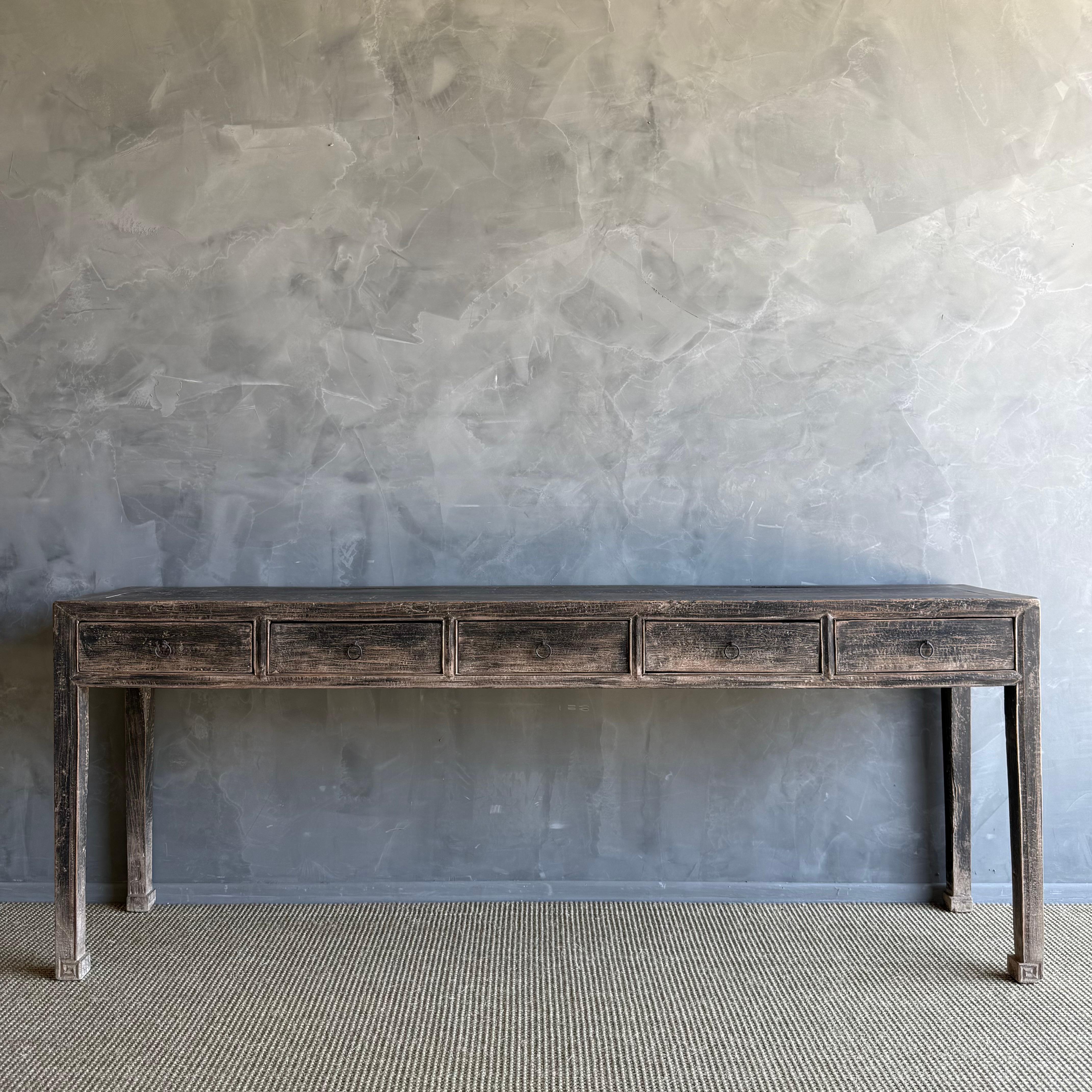 Organic Modern Vintage Elm Wood Console Table with Drawers 85