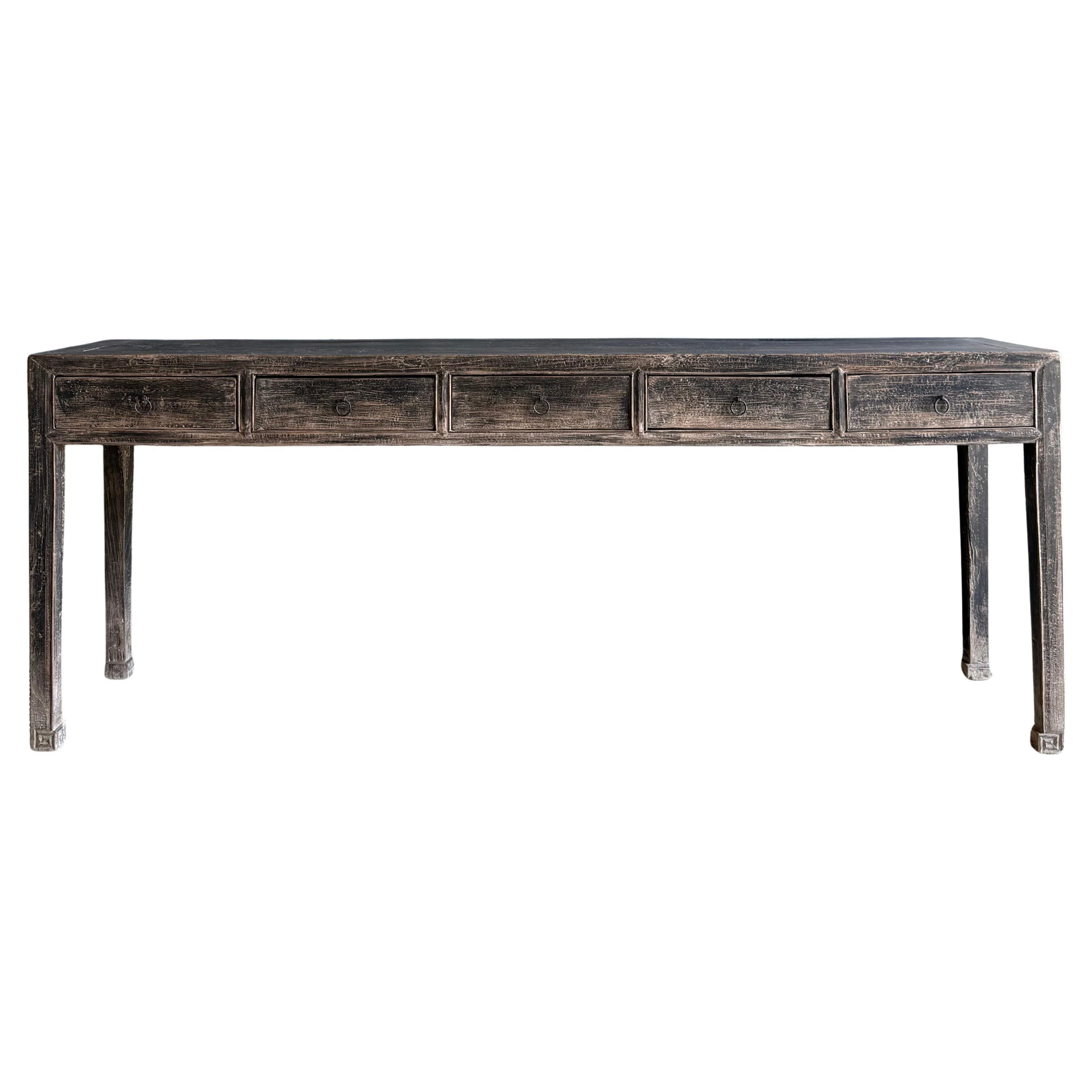 Vintage Elm Wood Console Table with Drawers 85" For Sale
