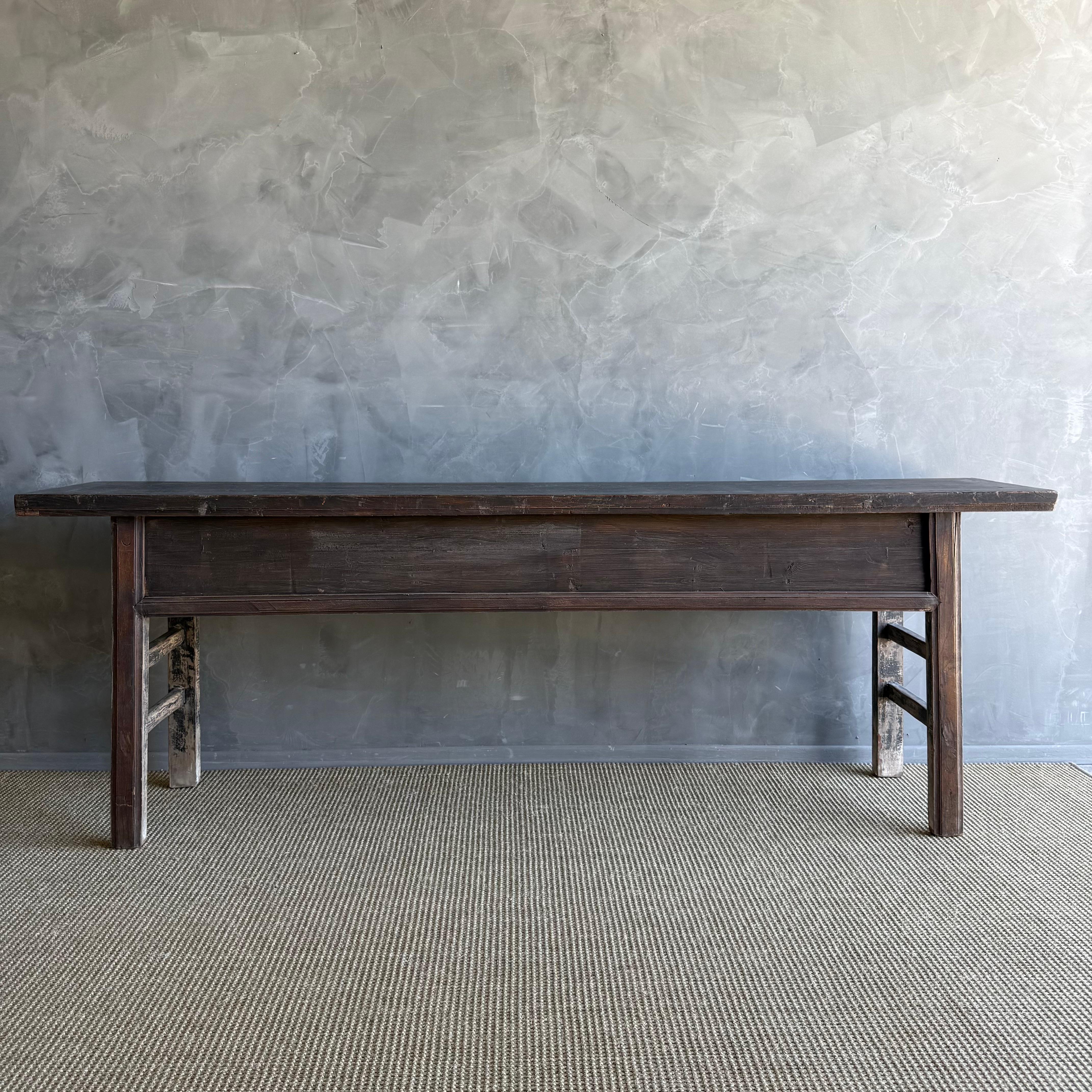 Vintage Elm Wood Console Table with Drawers For Sale 7
