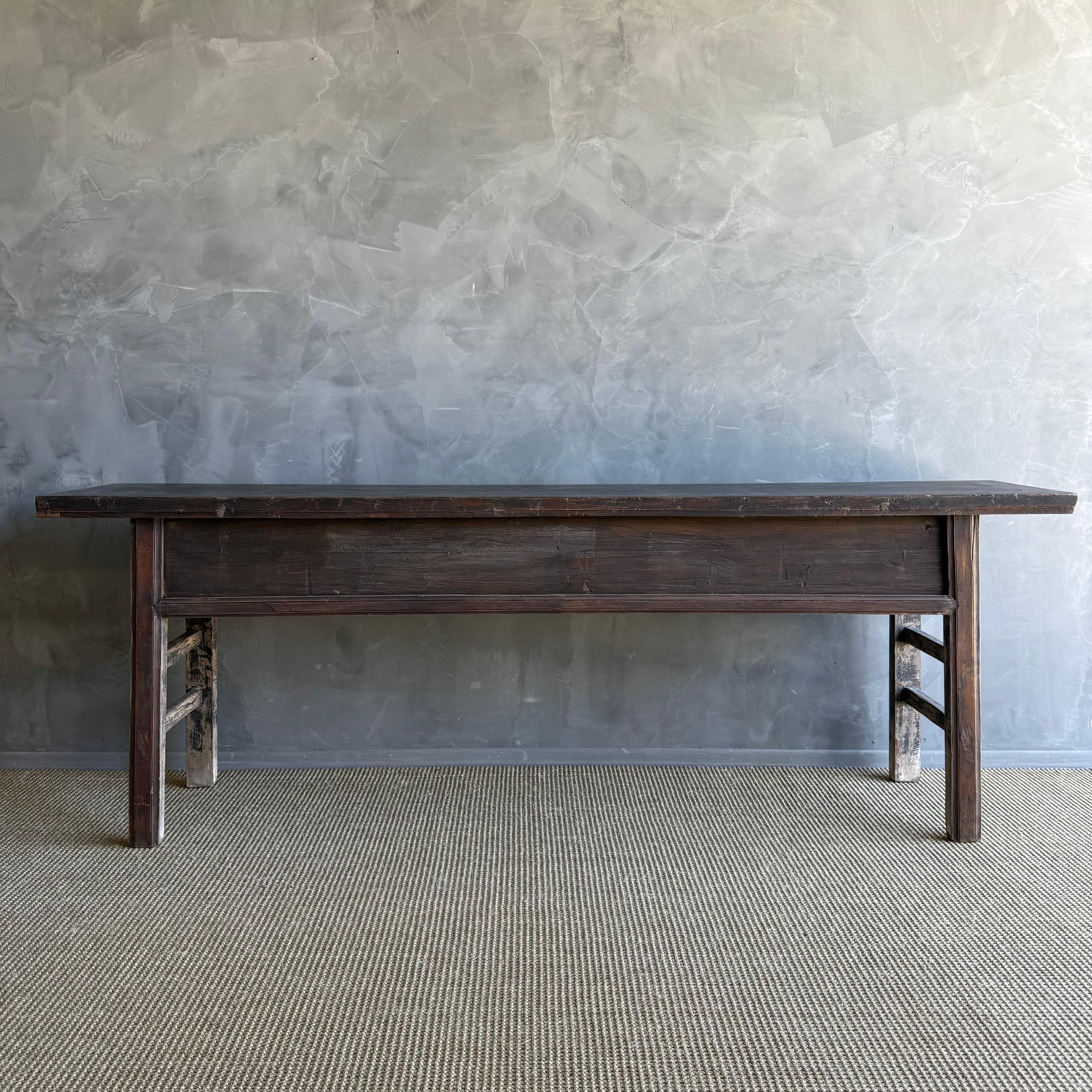 Vintage Elm Wood Console Table with Drawers For Sale 8
