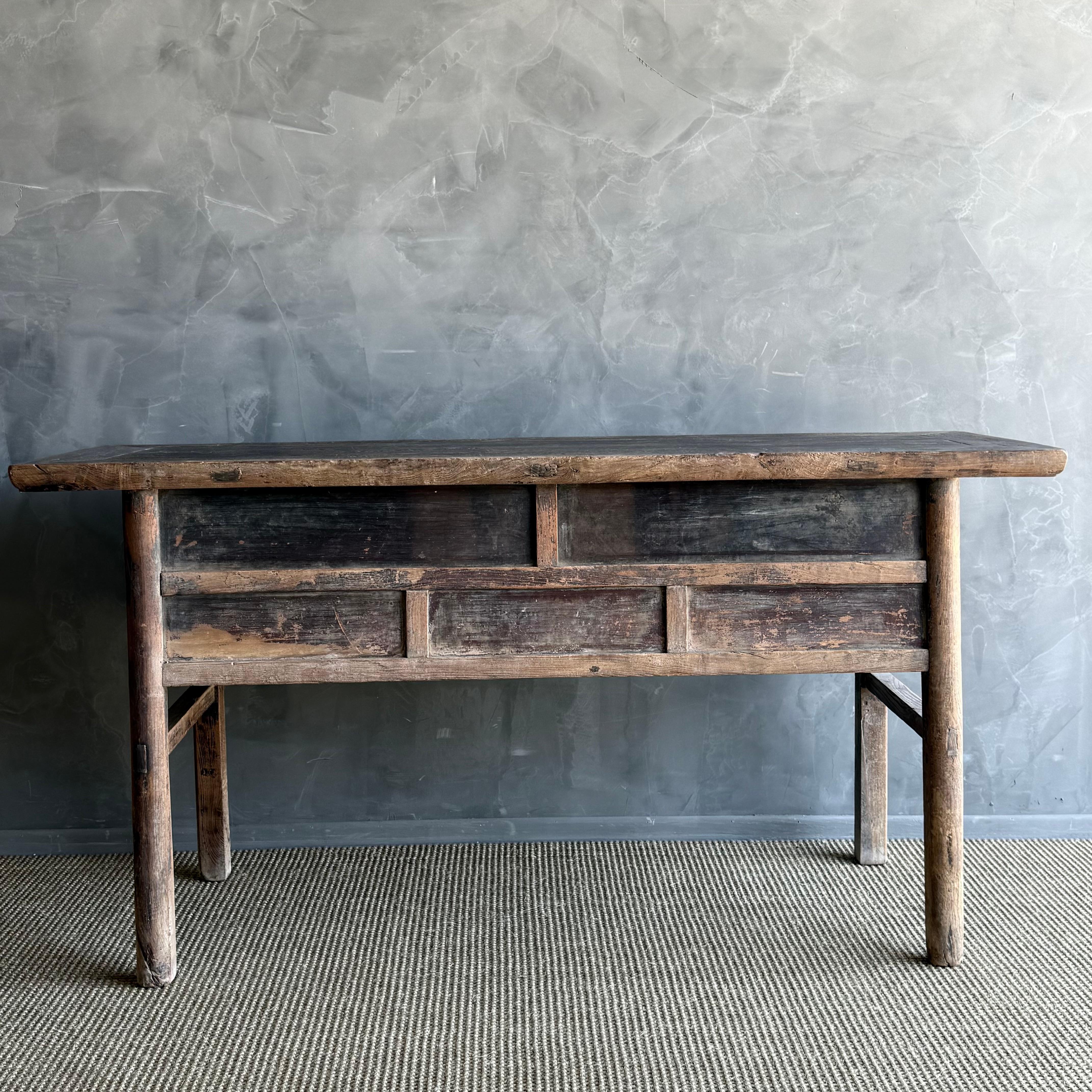Vintage Elm Wood Console Table with Drawers For Sale 7