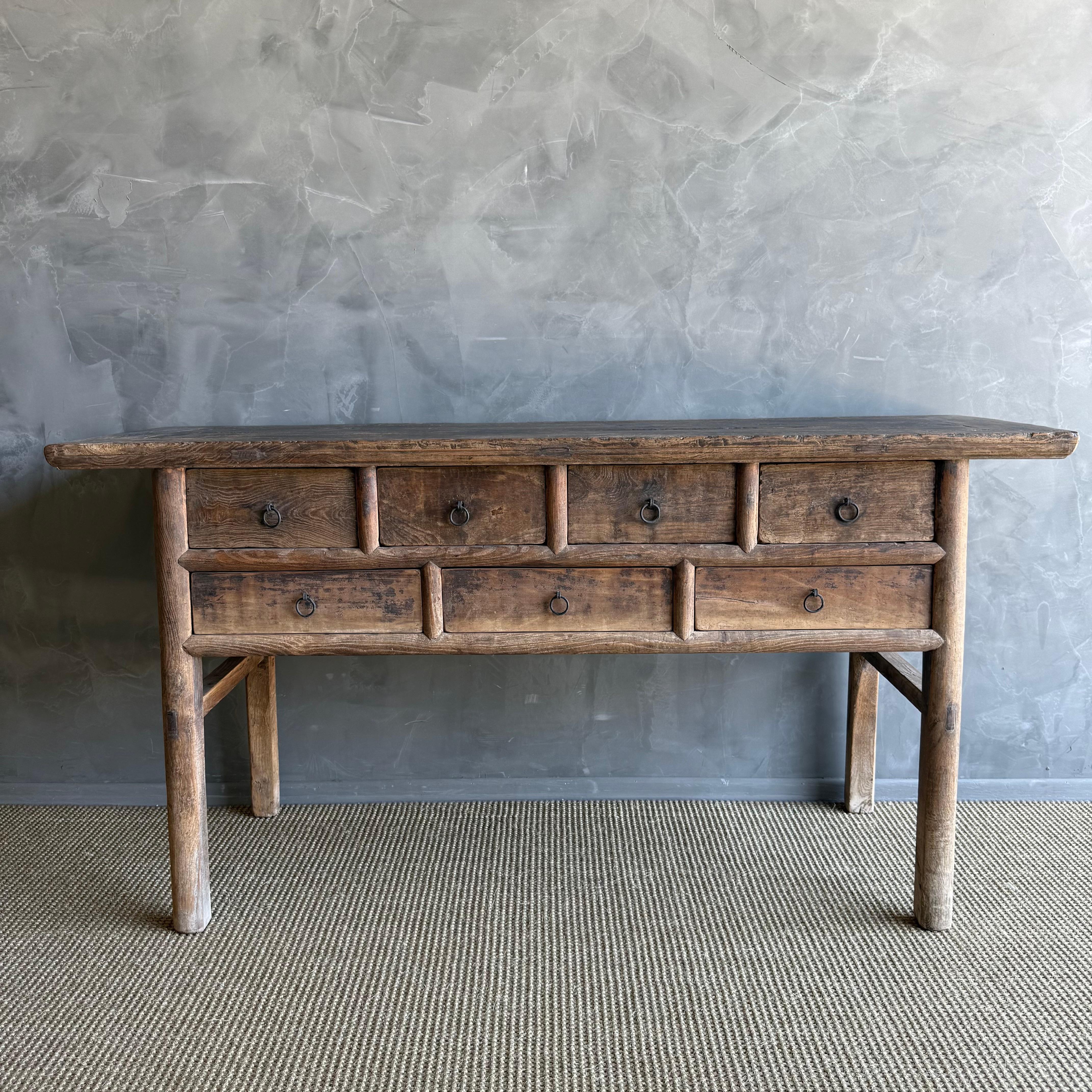 Vintage Elm Wood Console Table with Drawers For Sale 9