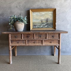 Vintage Elm Wood Console Table with Drawers