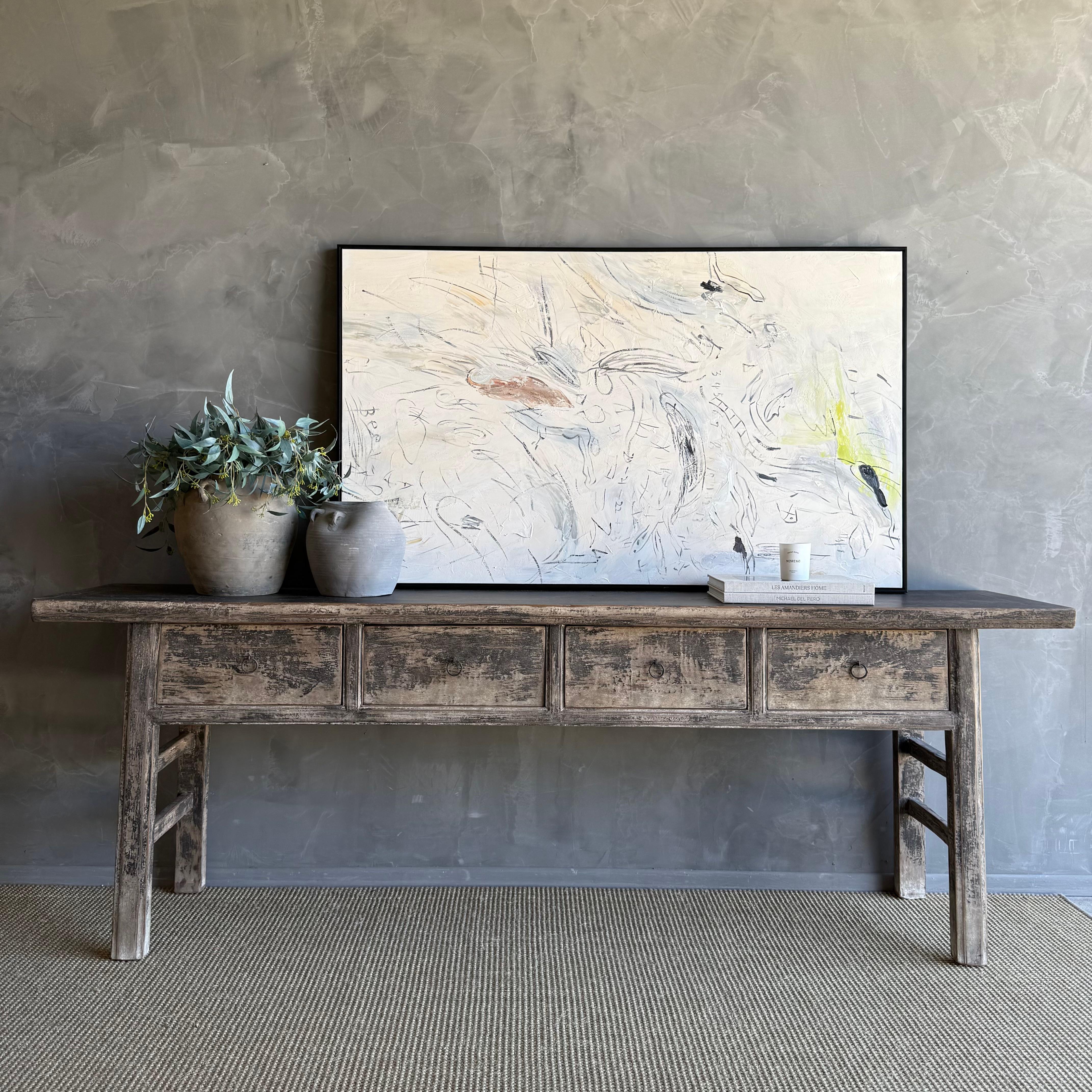20th Century Vintage Elm Wood Console Table with Drawers For Sale