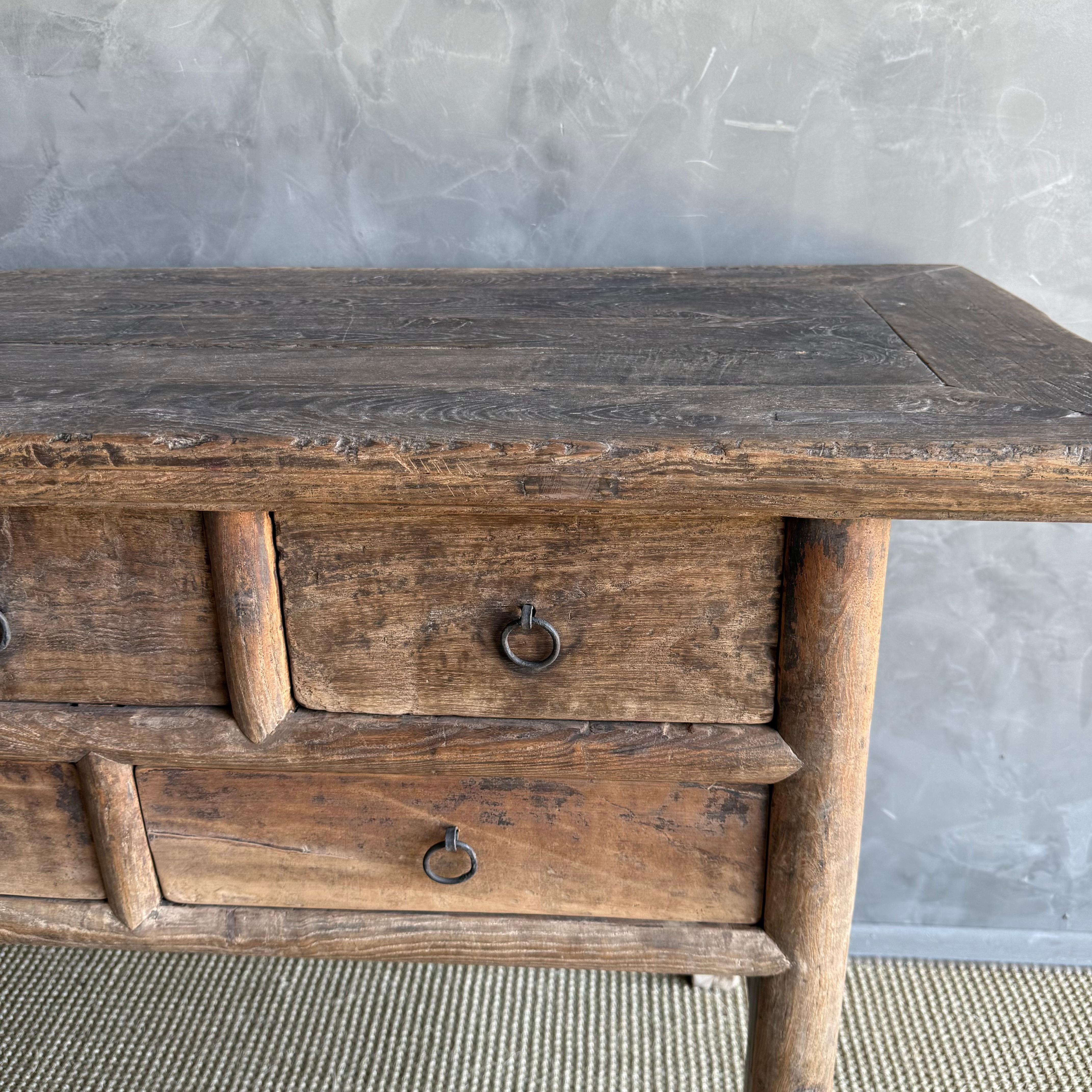 Vintage Elm Wood Console Table with Drawers In Good Condition For Sale In Old Town Orange, CA