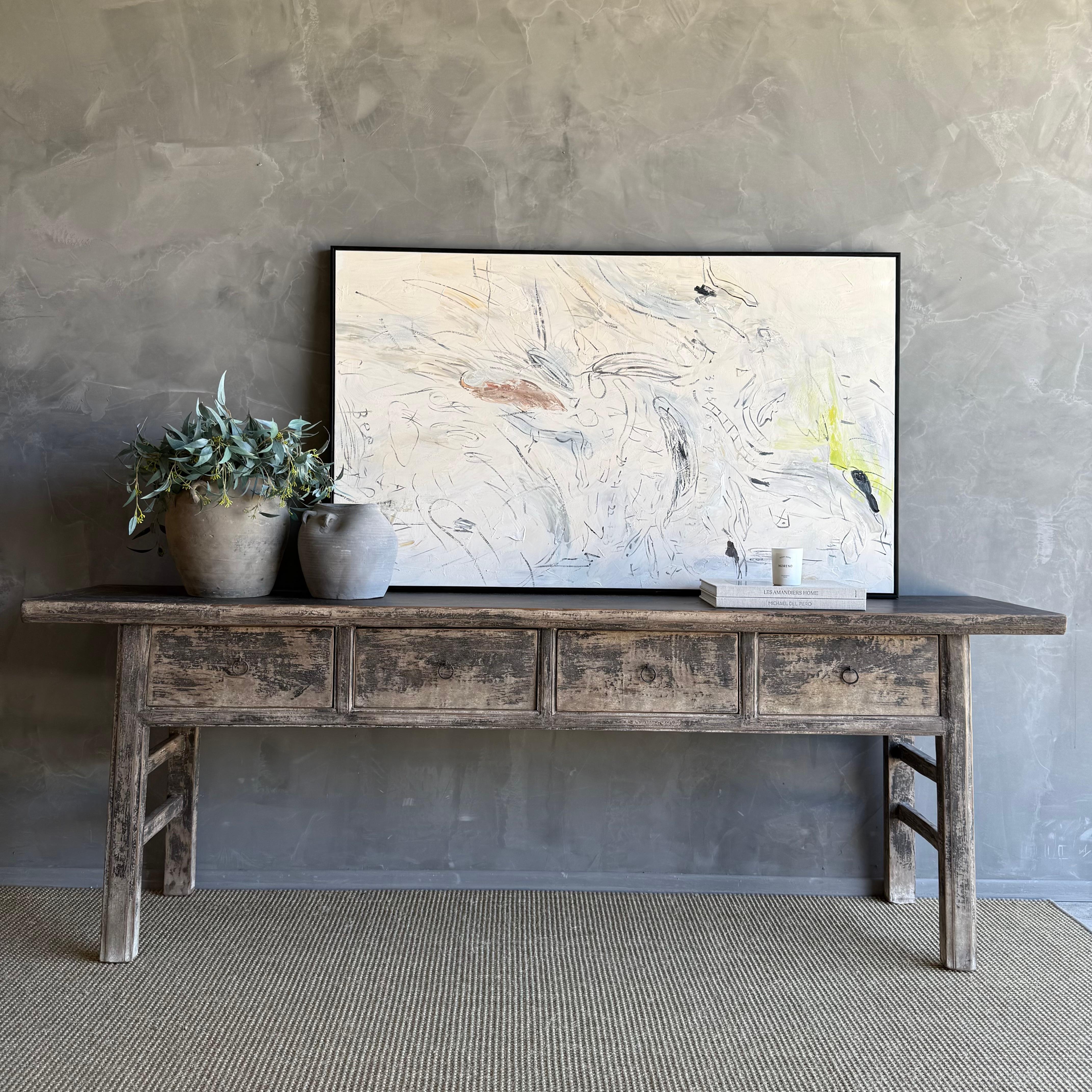 Vintage Elm Wood Console Table with Drawers For Sale 1