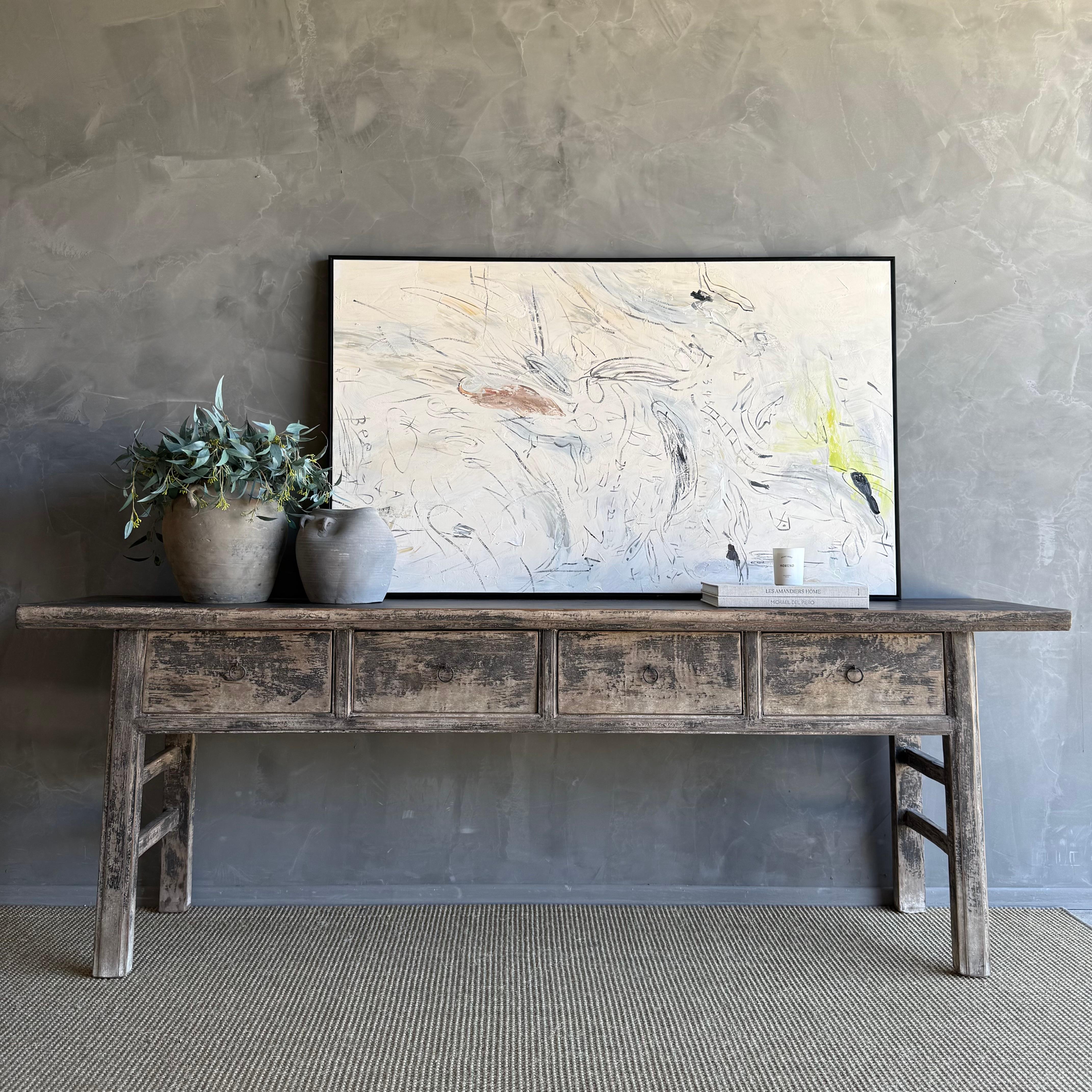 Vintage Elm Wood Console Table with Drawers For Sale 2