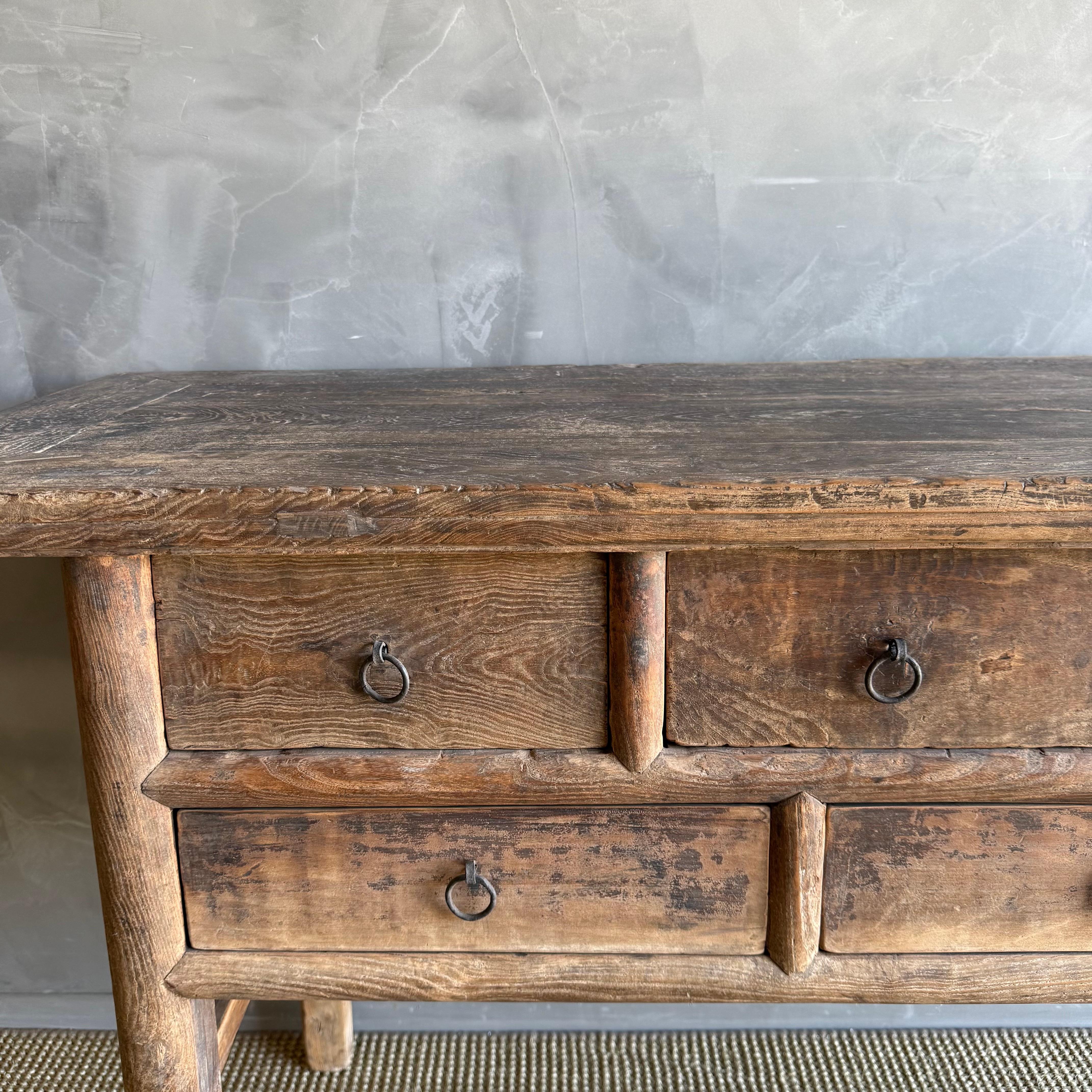 Vintage Elm Wood Console Table with Drawers For Sale 1