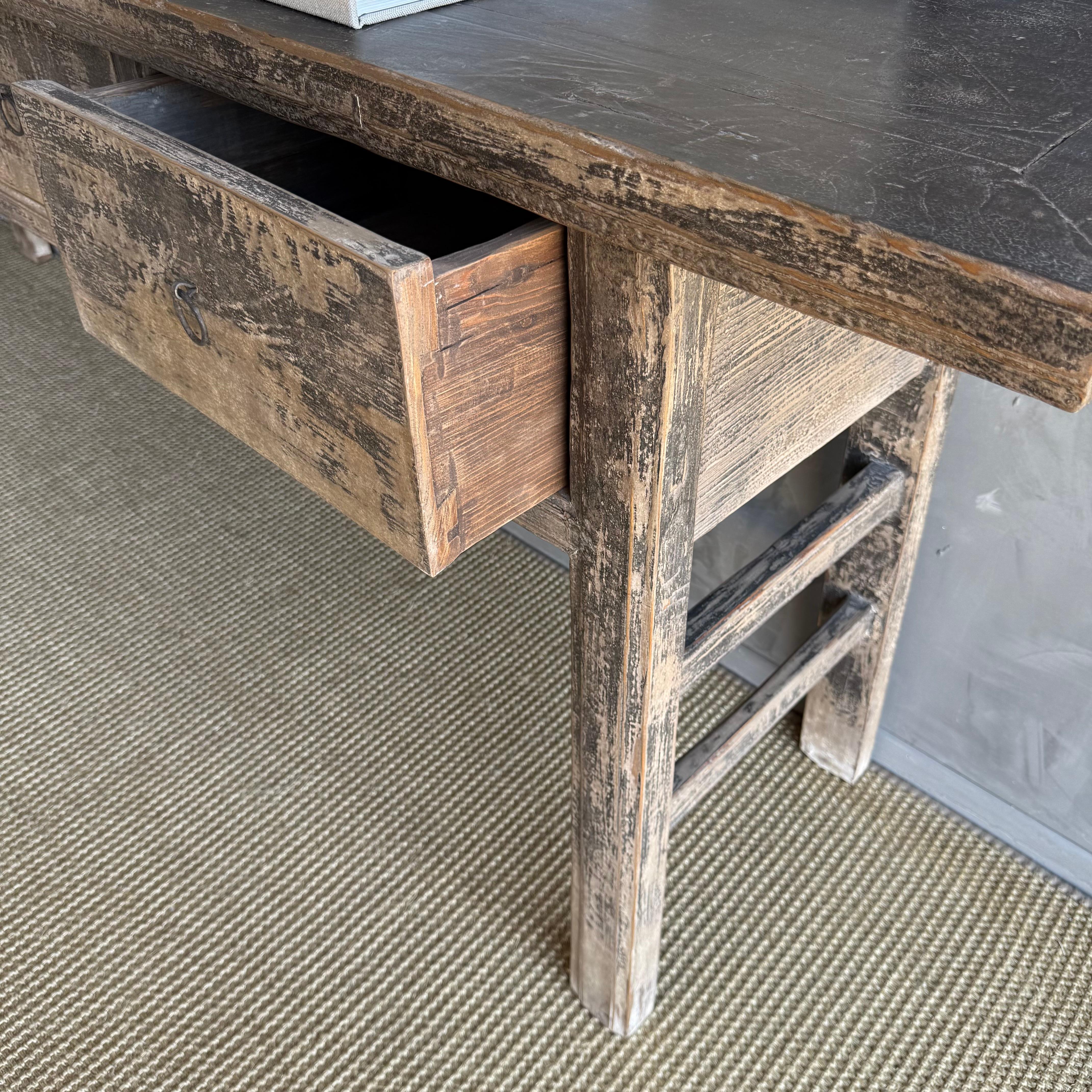 Vintage Elm Wood Console Table with Drawers For Sale 3
