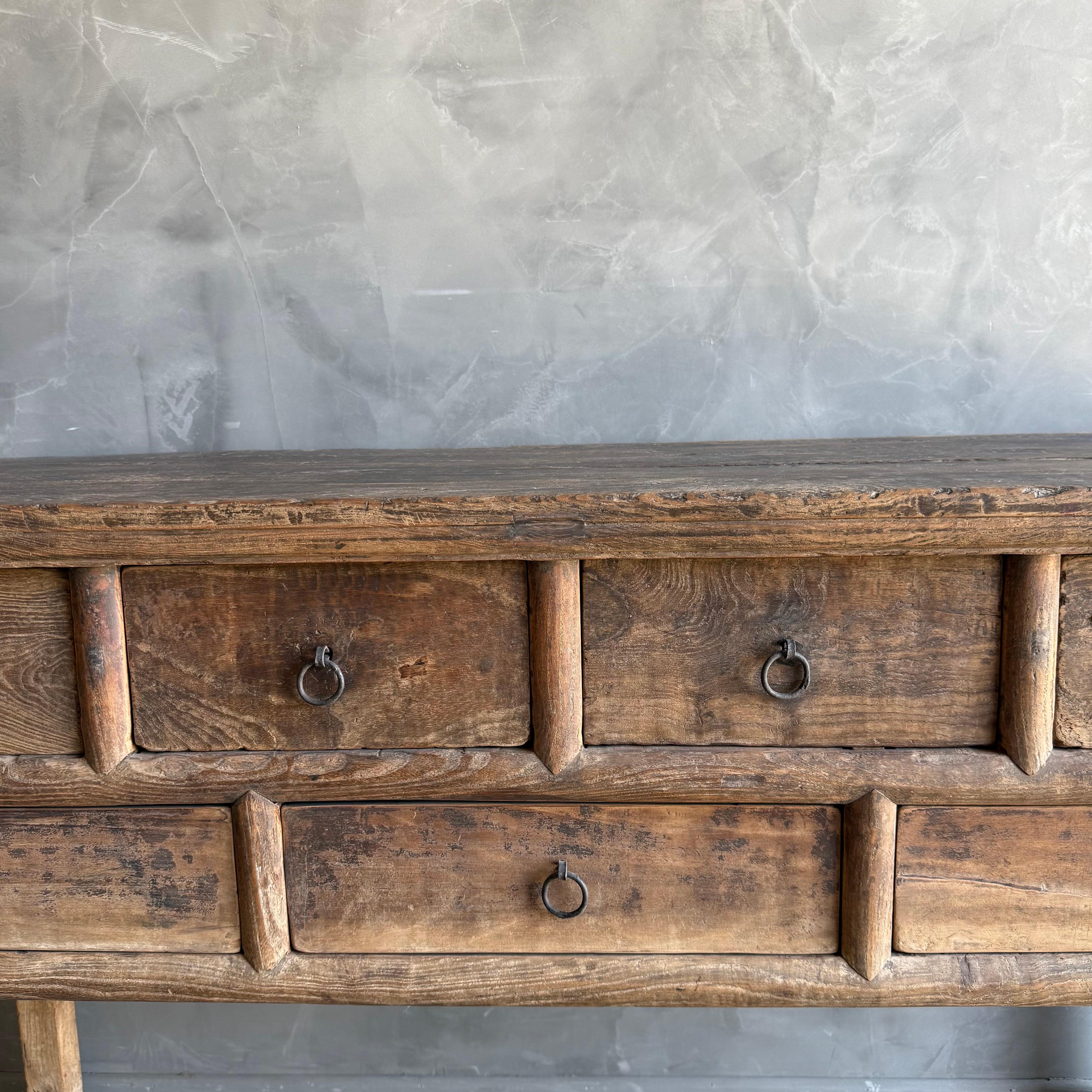 Vintage Elm Wood Console Table with Drawers For Sale 2