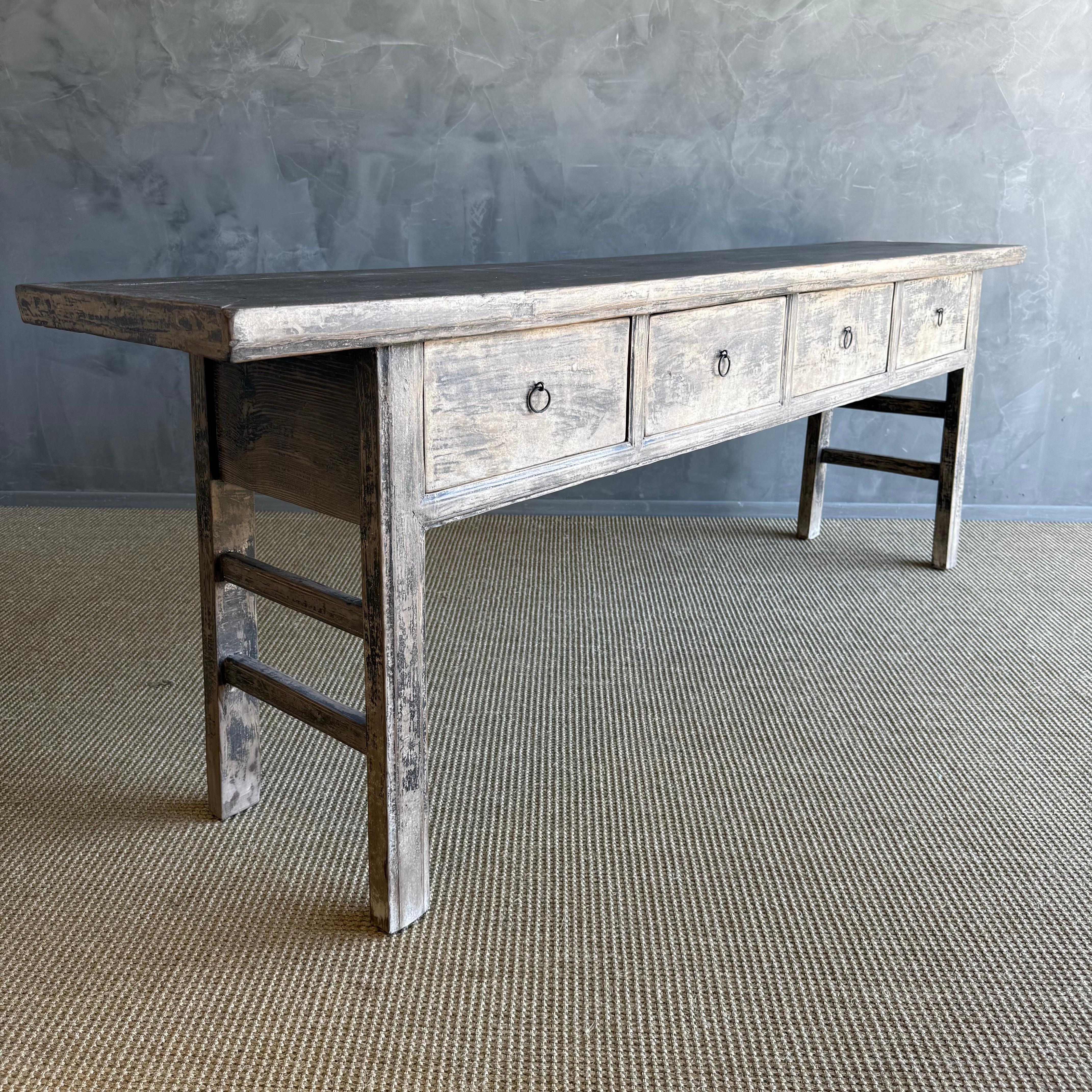 Vintage Elm Wood Console Table with Drawers For Sale 4